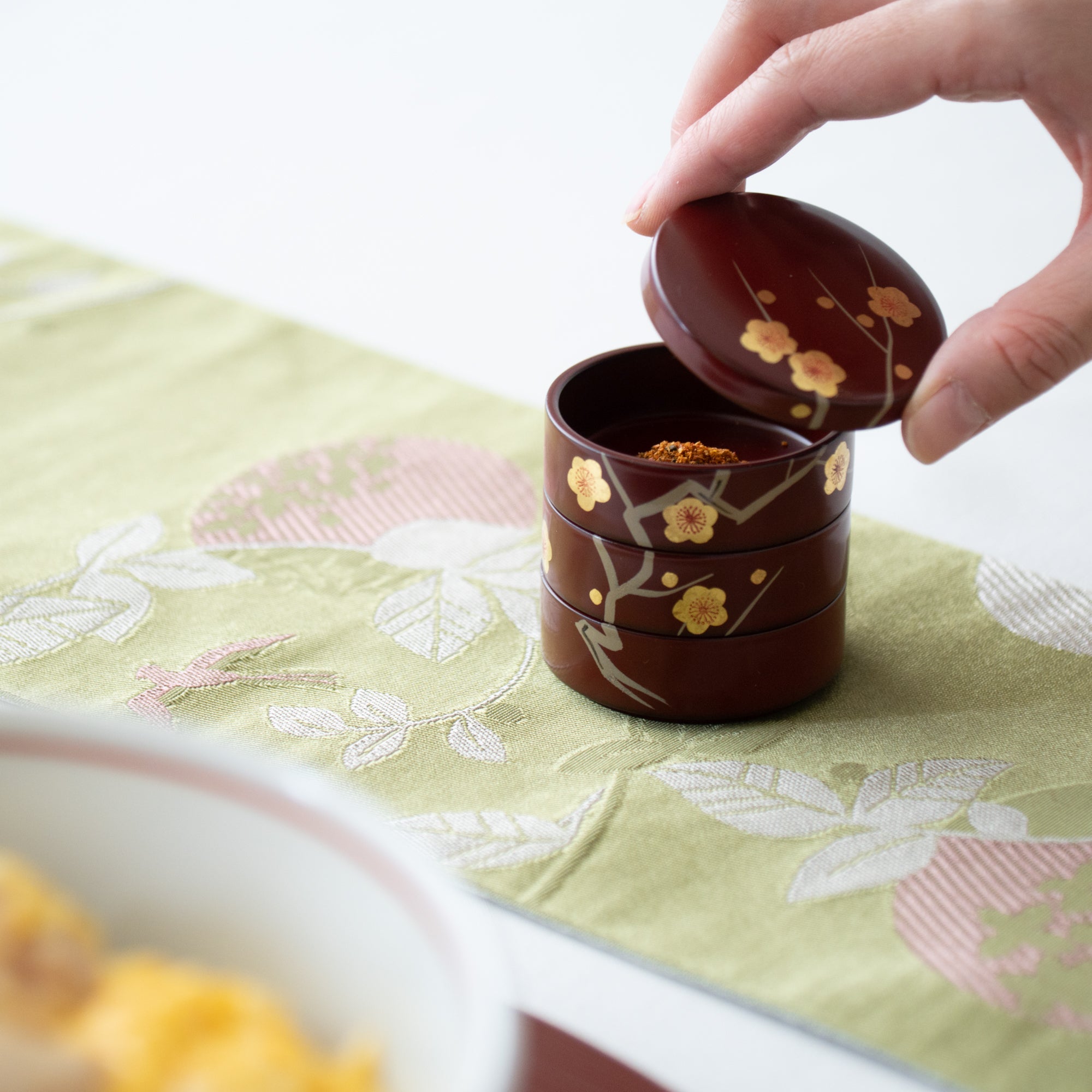 Plum Maki - e Yamanaka Lacquerware Small Three Tiered Box - MUSUBI KILN - Quality Japanese Tableware and Gift