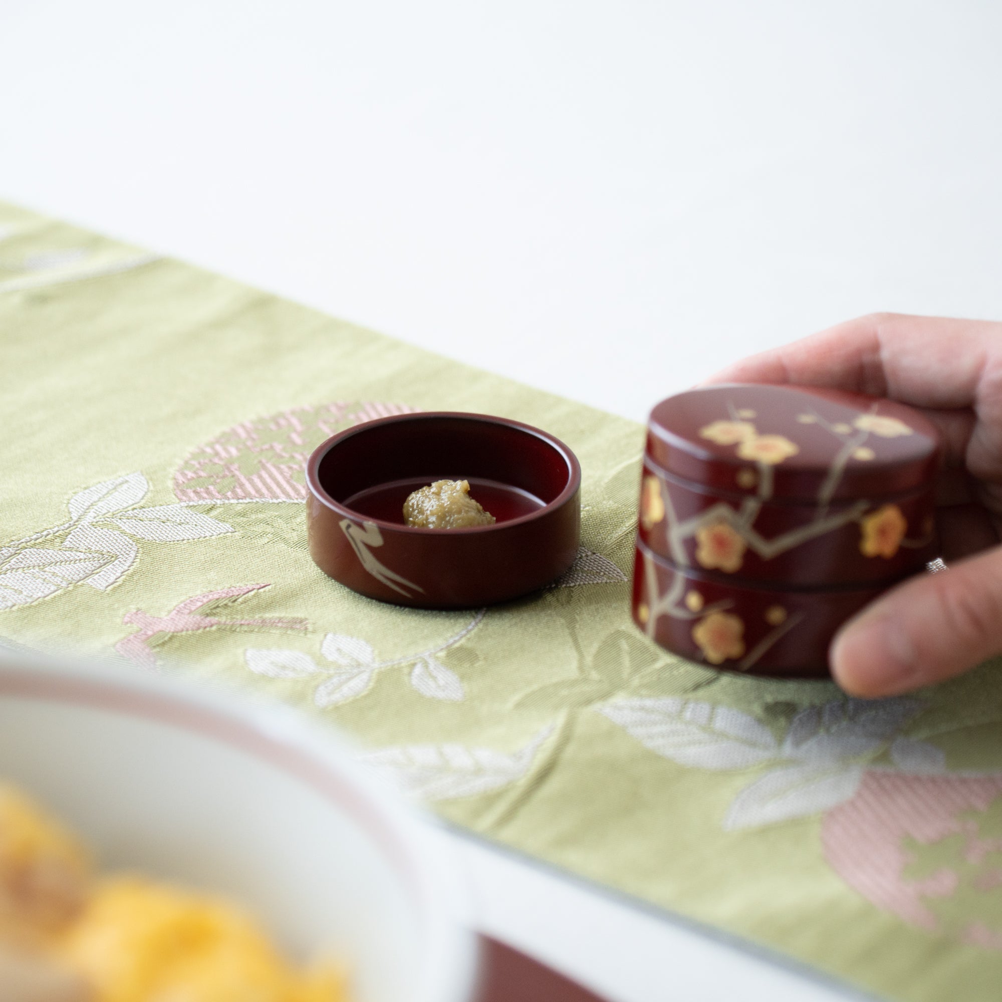 Plum Maki - e Yamanaka Lacquerware Small Three Tiered Box - MUSUBI KILN - Quality Japanese Tableware and Gift