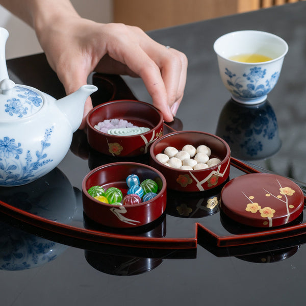 Plum Maki - e Yamanaka Lacquerware Small Three Tiered Box - MUSUBI KILN - Quality Japanese Tableware and Gift