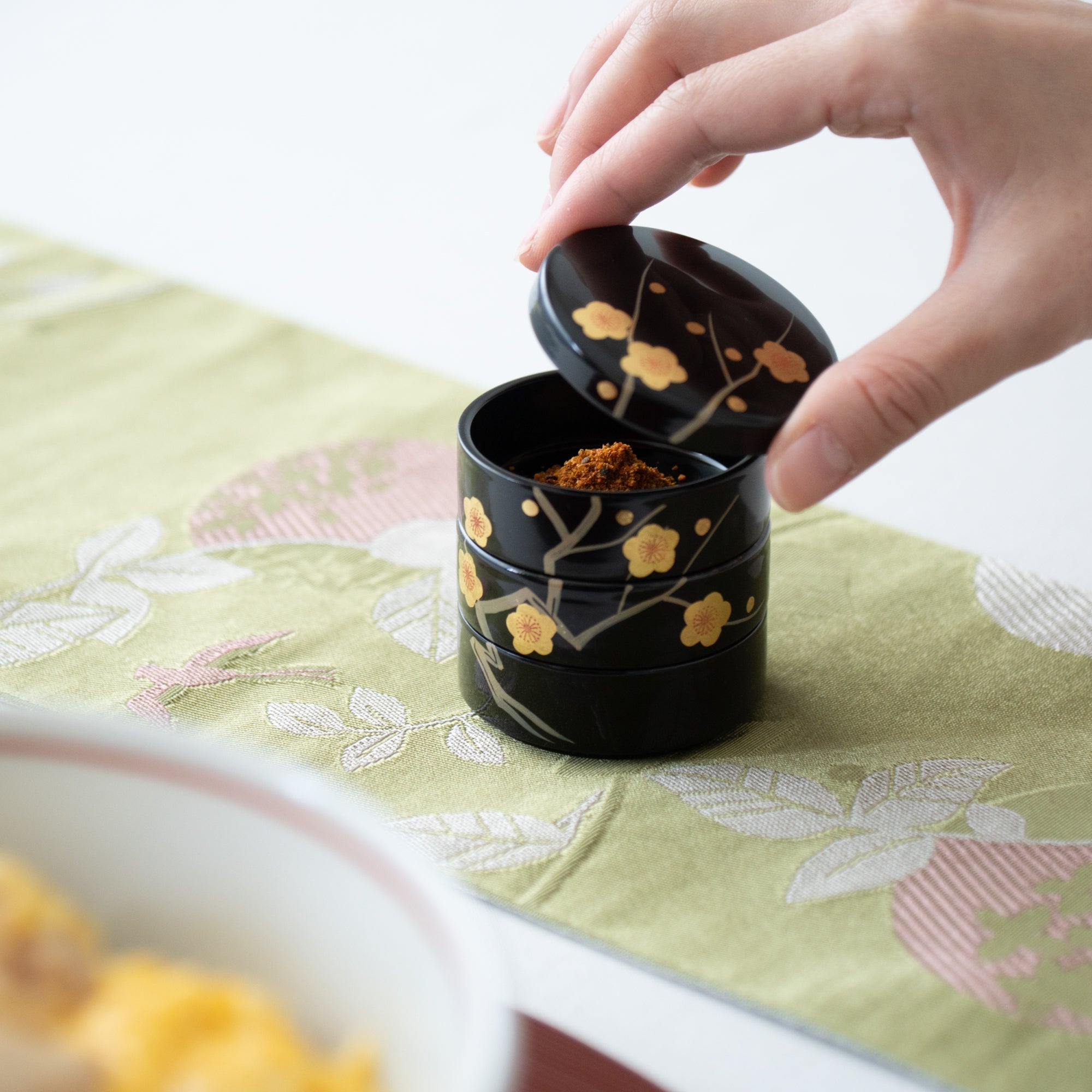 Plum Maki - e Yamanaka Lacquerware Small Three Tiered Box - MUSUBI KILN - Quality Japanese Tableware and Gift