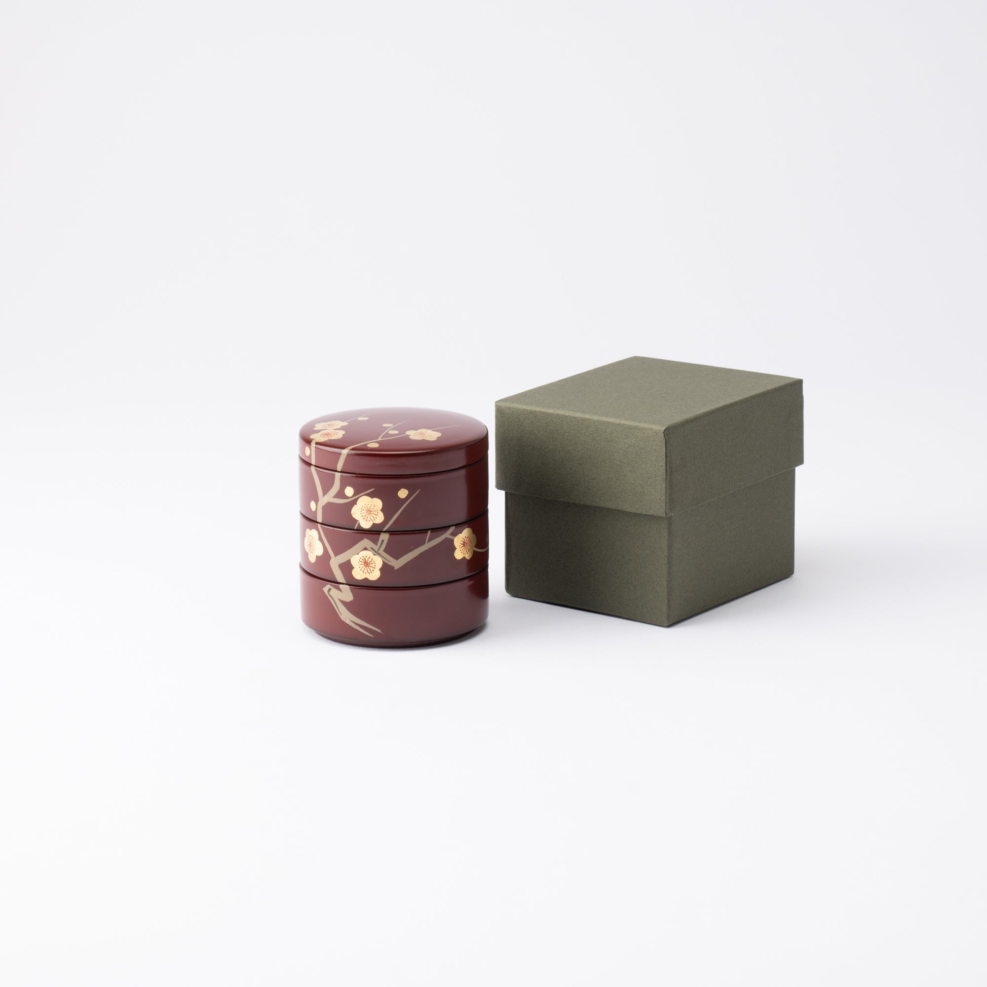 Plum Maki - e Yamanaka Lacquerware Small Three Tiered Box - MUSUBI KILN - Quality Japanese Tableware and Gift