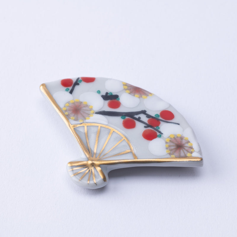 Red and White Plum Blossom Fan Kyo Ware Chopstick Rest Set - MUSUBI KILN - Quality Japanese Tableware and Gift