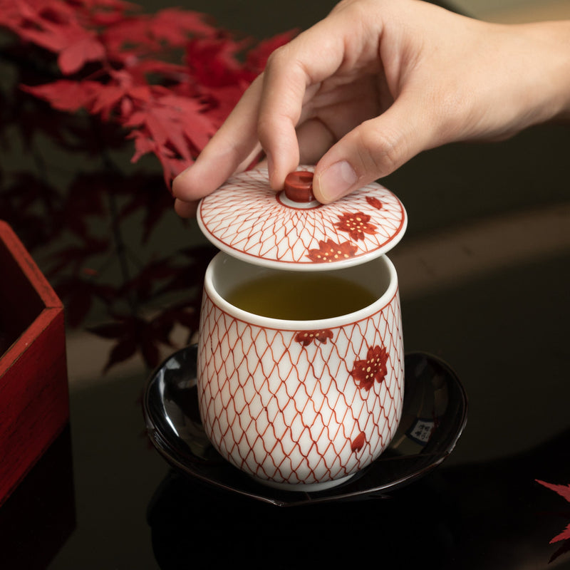 Red Mesh with Sakura Kutani Yunomi Japanese Teacup Pair - MUSUBI KILN - Quality Japanese Tableware and Gift