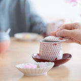 Red Mesh with Sakura Kutani Yunomi Japanese Teacup Pair - MUSUBI KILN - Quality Japanese Tableware and Gift