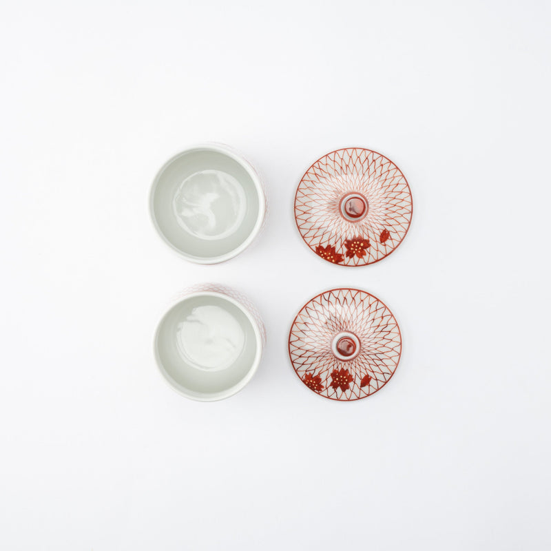 Red Mesh with Sakura Kutani Yunomi Japanese Teacup Pair - MUSUBI KILN - Quality Japanese Tableware and Gift