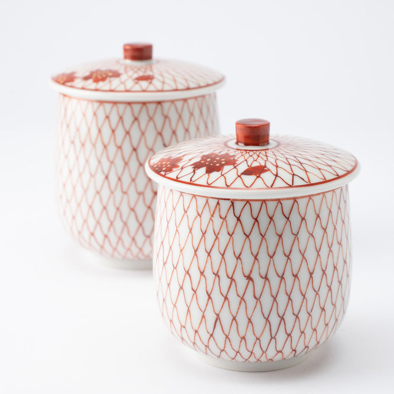 Red Mesh with Sakura Kutani Yunomi Japanese Teacup Pair - MUSUBI KILN - Quality Japanese Tableware and Gift