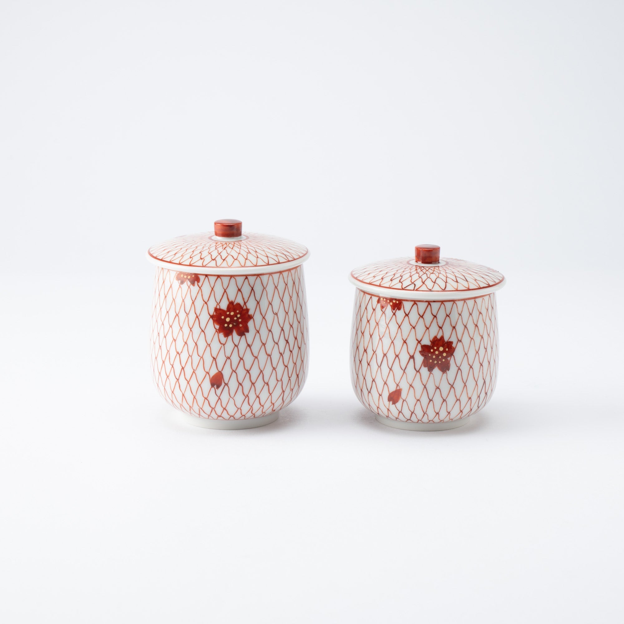 Red Mesh with Sakura Kutani Yunomi Japanese Teacup Pair - MUSUBI KILN - Quality Japanese Tableware and Gift