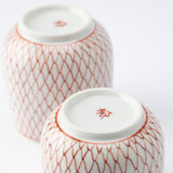 Red Mesh with Sakura Kutani Yunomi Japanese Teacup Pair - MUSUBI KILN - Quality Japanese Tableware and Gift