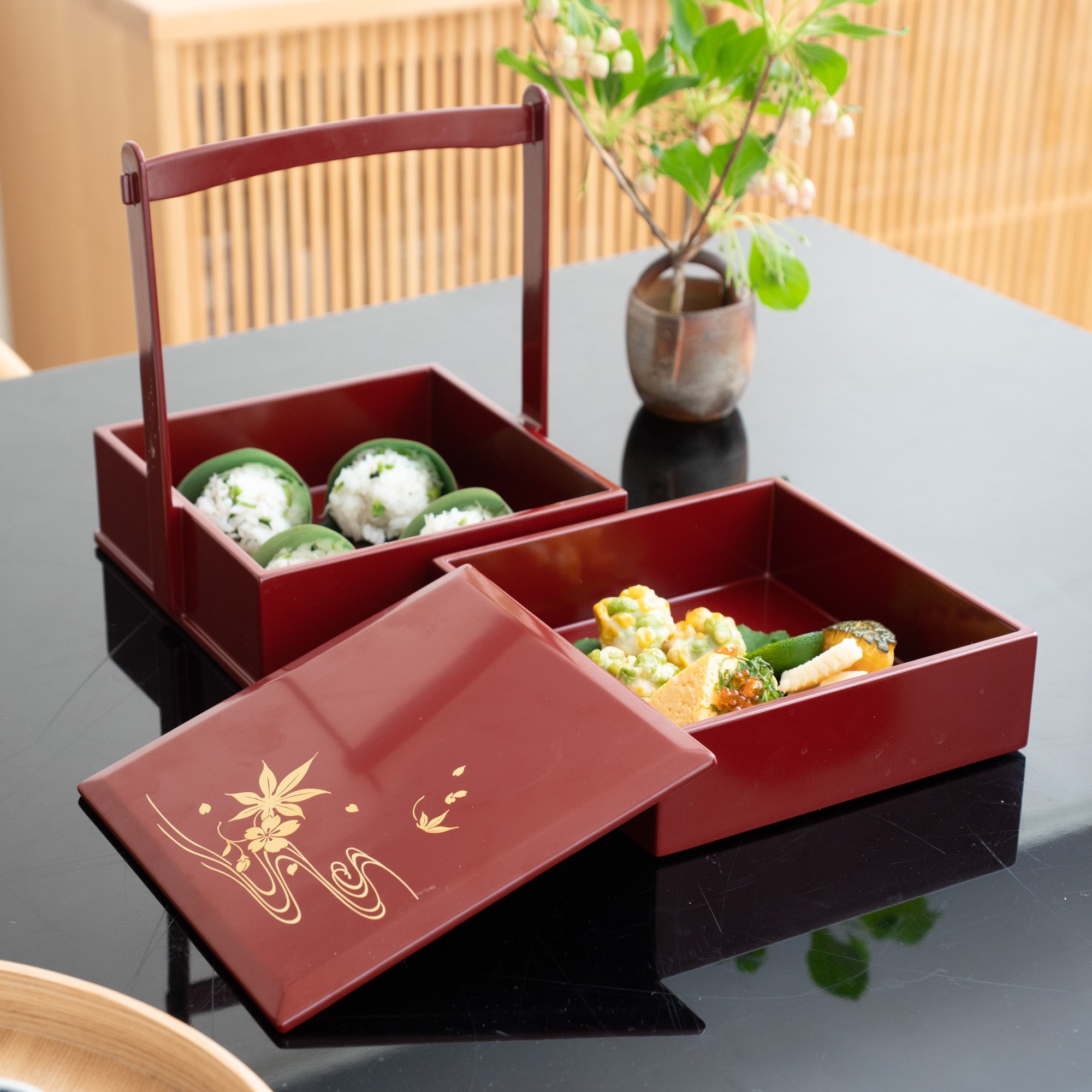 Red Running Water Echizen Lacquerware Two Tiers Jubako Bento Box with Handle - MUSUBI KILN - Quality Japanese Tableware and Gift