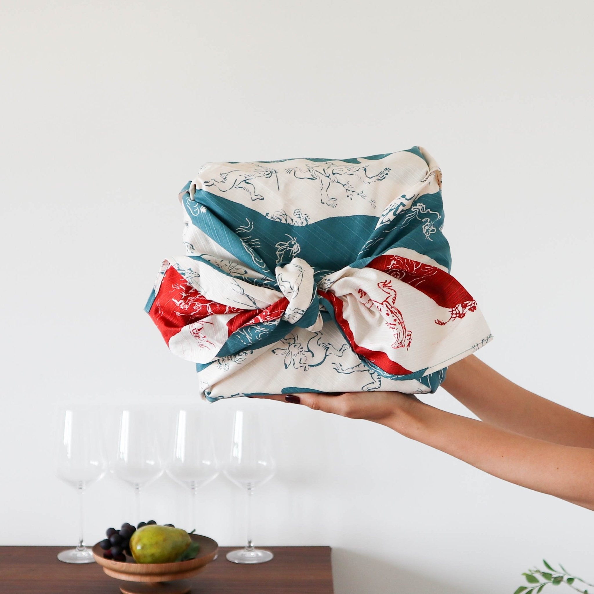 Reversible Turquoise and Red Choju - Giga Furoshiki Wrapping Cloth 41in - MUSUBI KILN - Quality Japanese Tableware and Gift