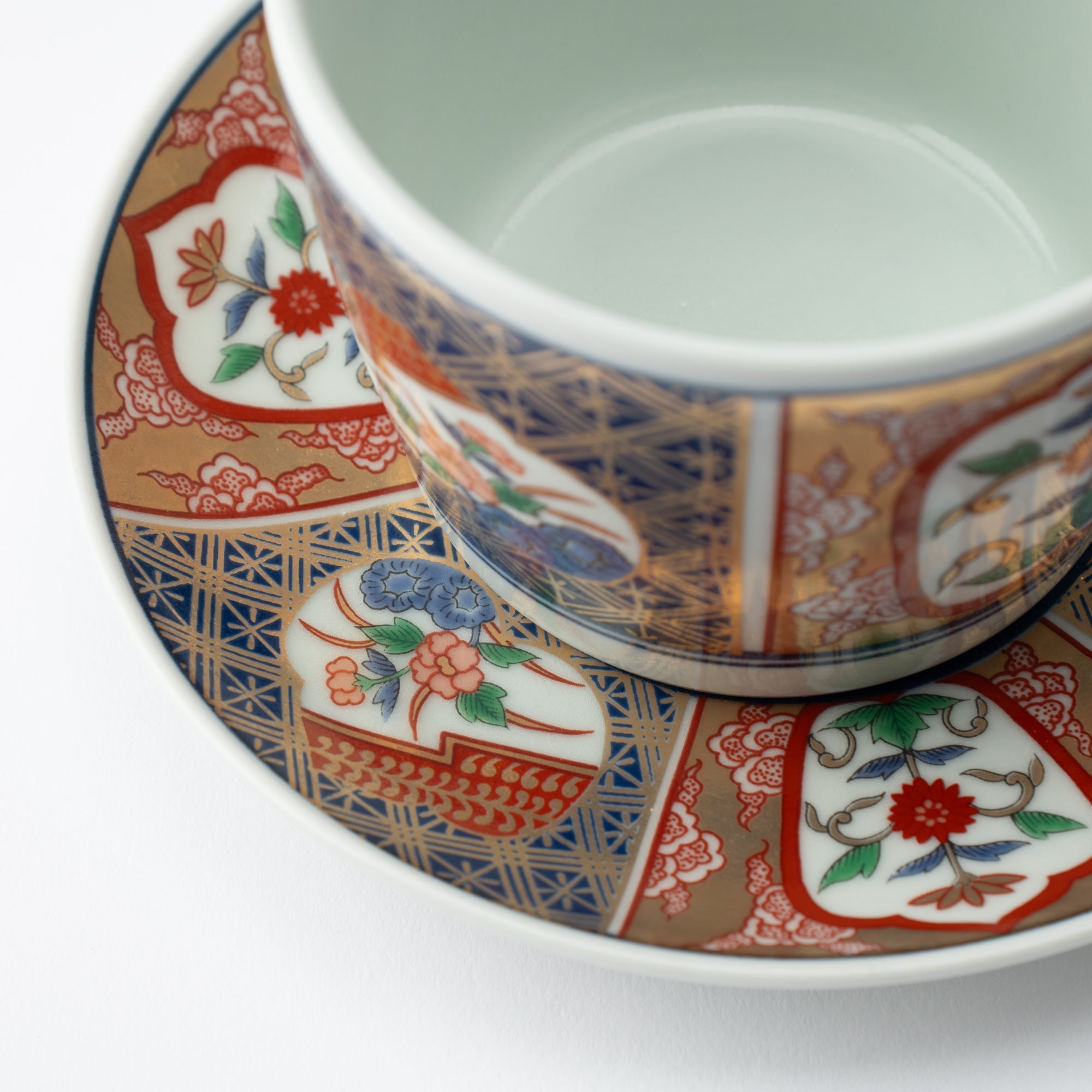 Rinkuro Kiln Old Imari Flowers in Window Hasami Soba Choko Cup and Saucer - MUSUBI KILN - Quality Japanese Tableware and Gift