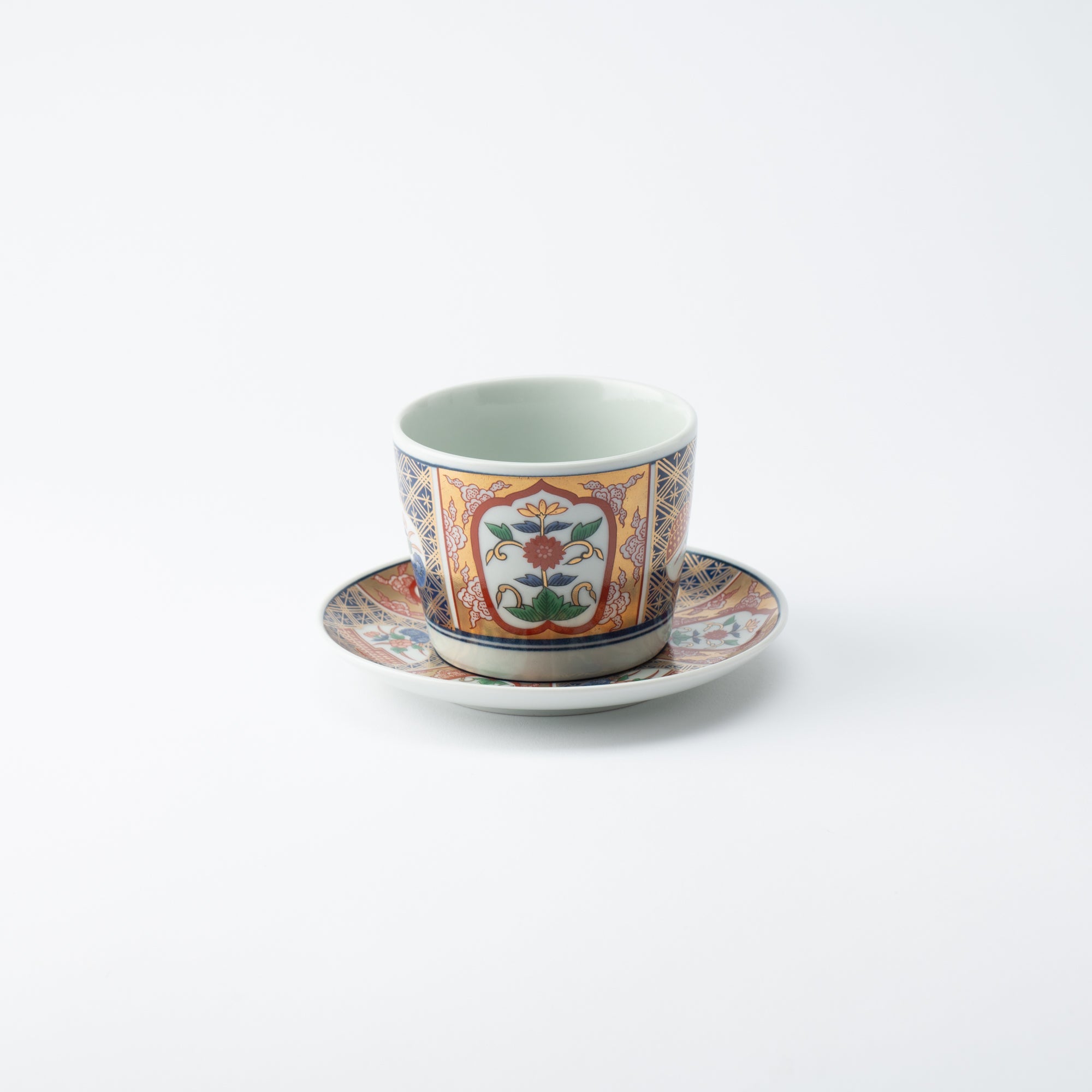 Rinkuro Kiln Old Imari Flowers in Window Hasami Soba Choko Cup and Saucer - MUSUBI KILN - Quality Japanese Tableware and Gift