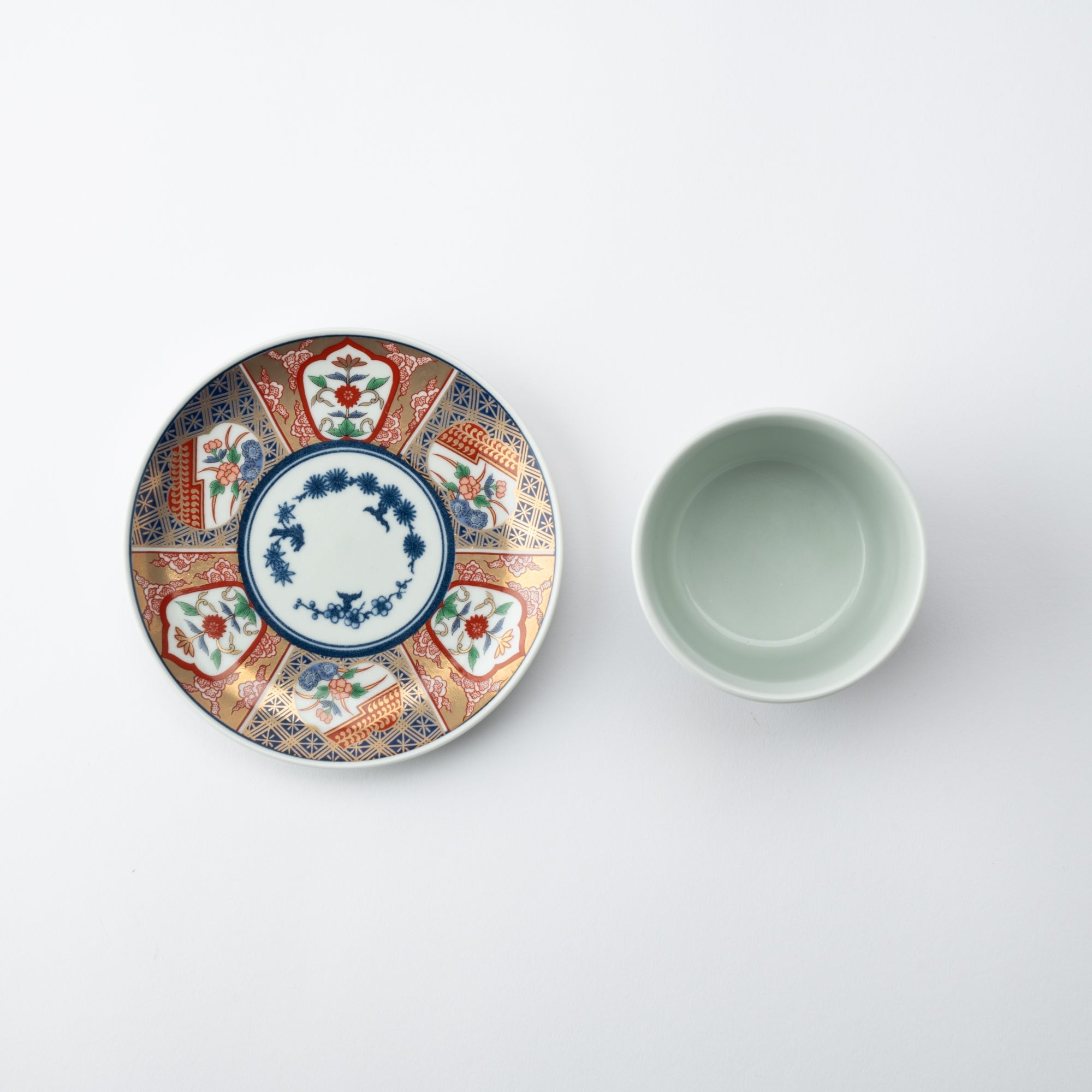 Rinkuro Kiln Old Imari Flowers in Window Hasami Soba Choko Cup and Saucer - MUSUBI KILN - Quality Japanese Tableware and Gift