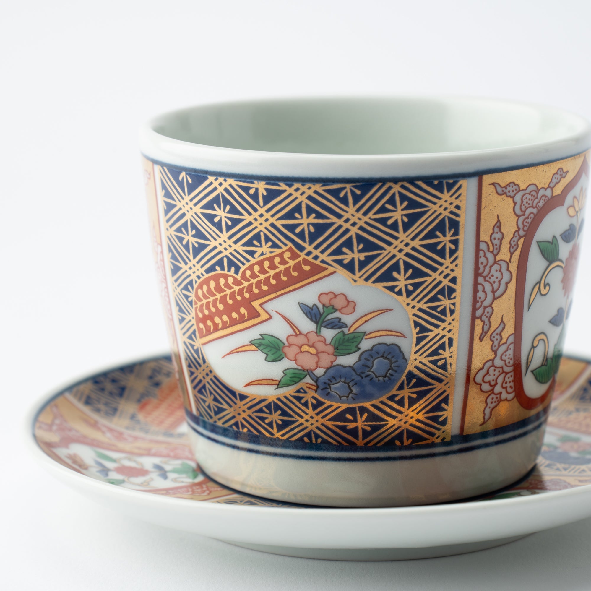 Rinkuro Kiln Old Imari Flowers in Window Hasami Soba Choko Cup and Saucer - MUSUBI KILN - Quality Japanese Tableware and Gift