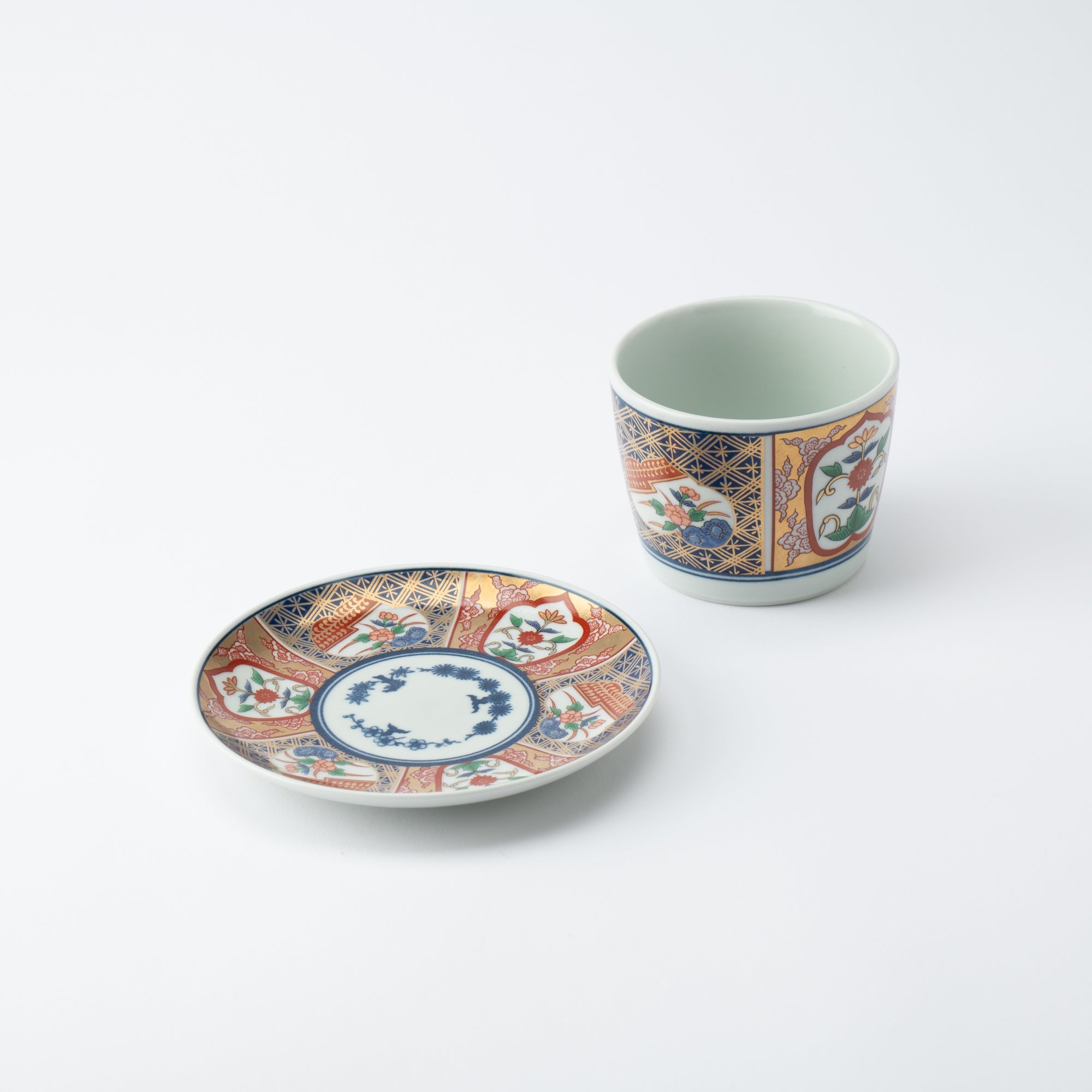 Rinkuro Kiln Old Imari Flowers in Window Hasami Soba Choko Cup and Saucer - MUSUBI KILN - Quality Japanese Tableware and Gift