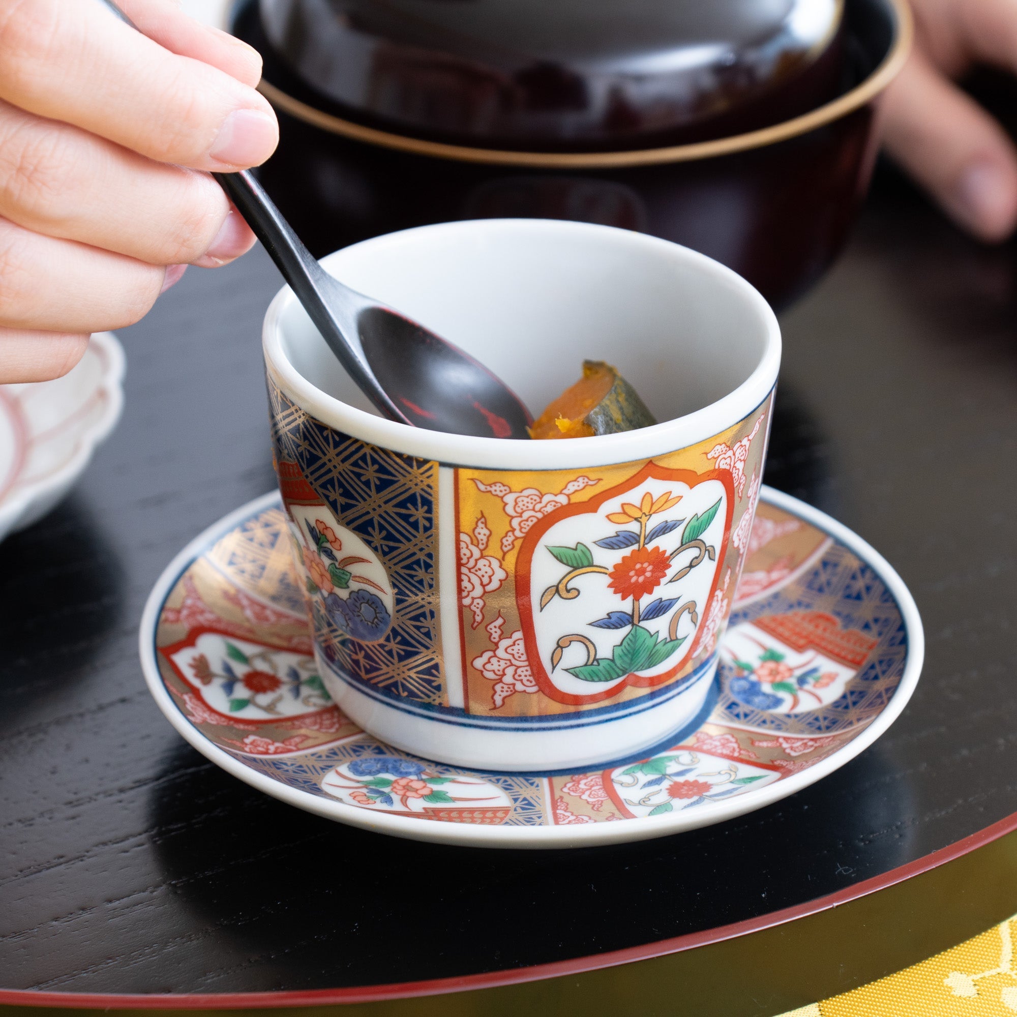 Rinkuro Kiln Old Imari Flowers in Window Hasami Soba Choko Cup and Saucer - MUSUBI KILN - Quality Japanese Tableware and Gift