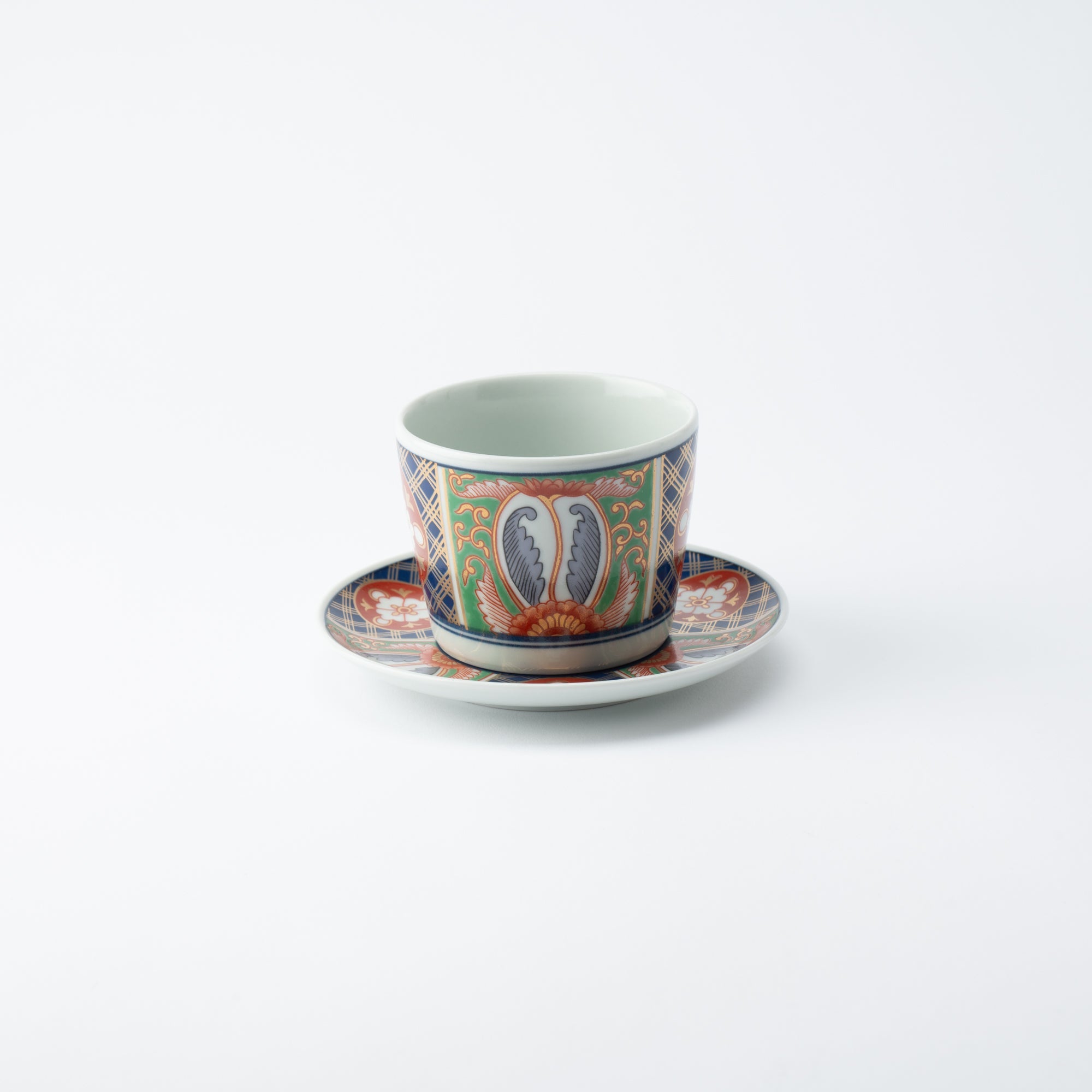 Rinkuro Kiln Old Imari Lapis Lazuli and Flowers Hasami Soba Choko Cup and Saucer - MUSUBI KILN - Quality Japanese Tableware and Gift