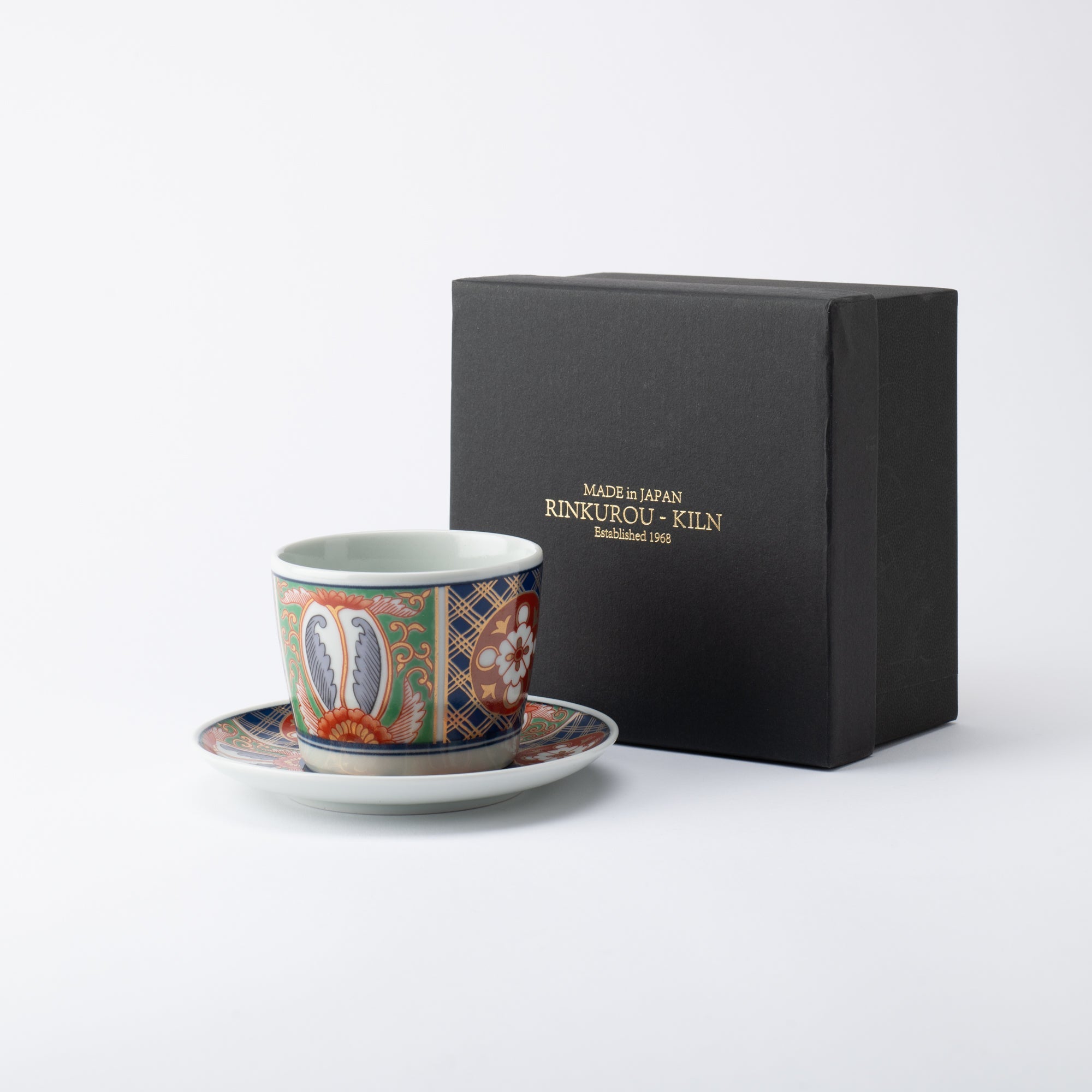 Rinkuro Kiln Old Imari Lapis Lazuli and Flowers Hasami Soba Choko Cup and Saucer - MUSUBI KILN - Quality Japanese Tableware and Gift