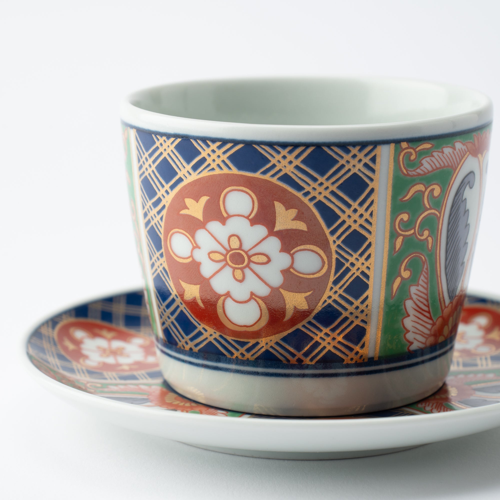 Rinkuro Kiln Old Imari Lapis Lazuli and Flowers Hasami Soba Choko Cup and Saucer - MUSUBI KILN - Quality Japanese Tableware and Gift