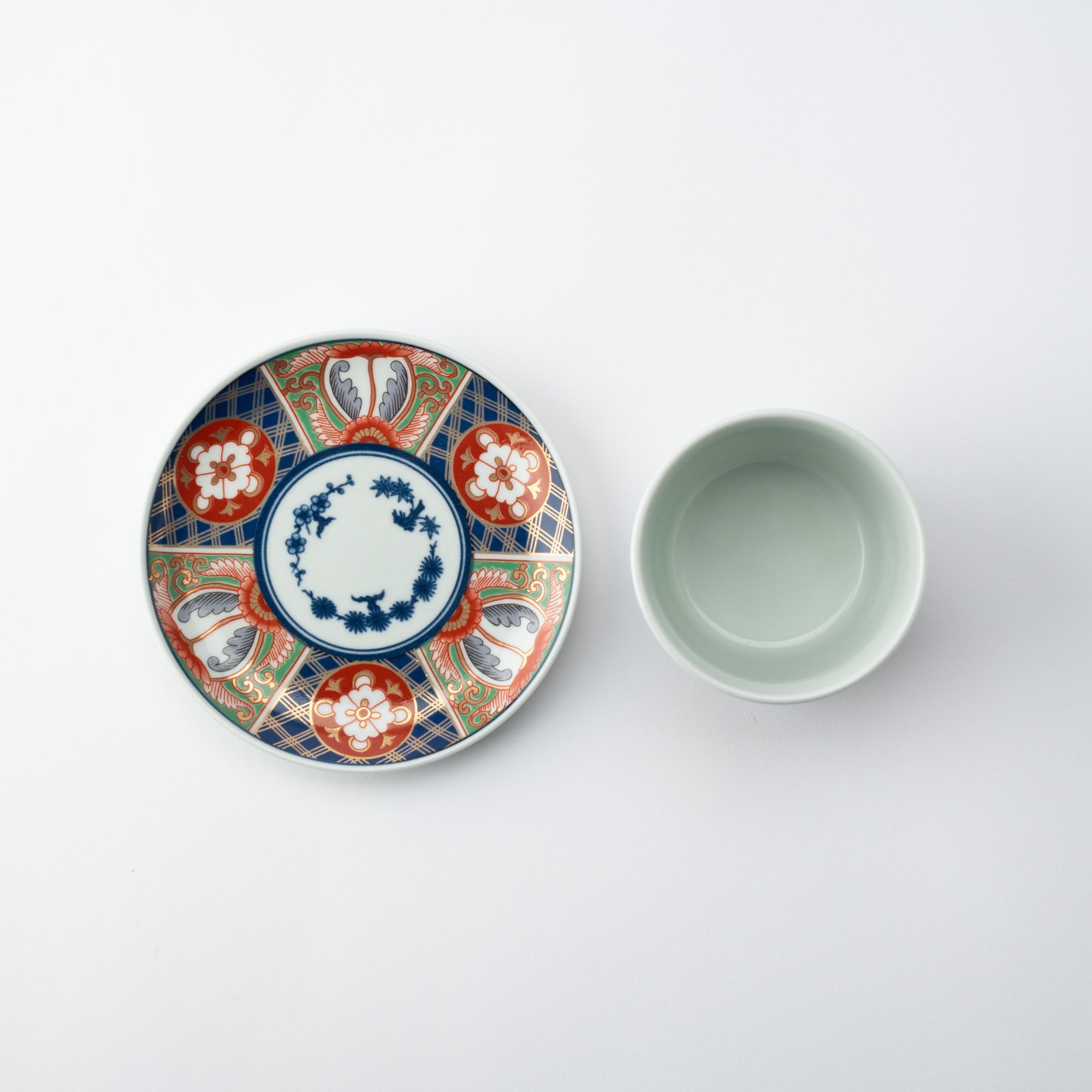 Rinkuro Kiln Old Imari Lapis Lazuli and Flowers Hasami Soba Choko Cup and Saucer - MUSUBI KILN - Quality Japanese Tableware and Gift