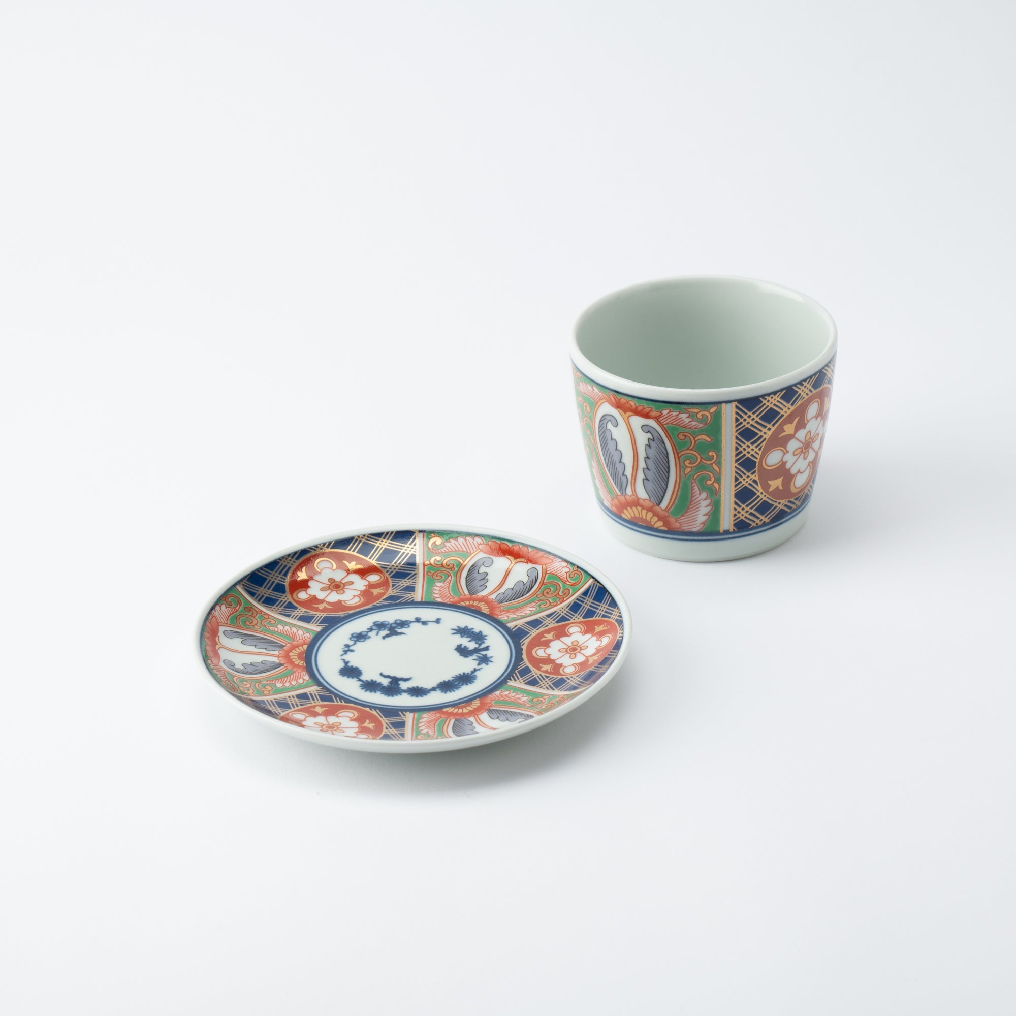 Rinkuro Kiln Old Imari Lapis Lazuli and Flowers Hasami Soba Choko Cup and Saucer - MUSUBI KILN - Quality Japanese Tableware and Gift