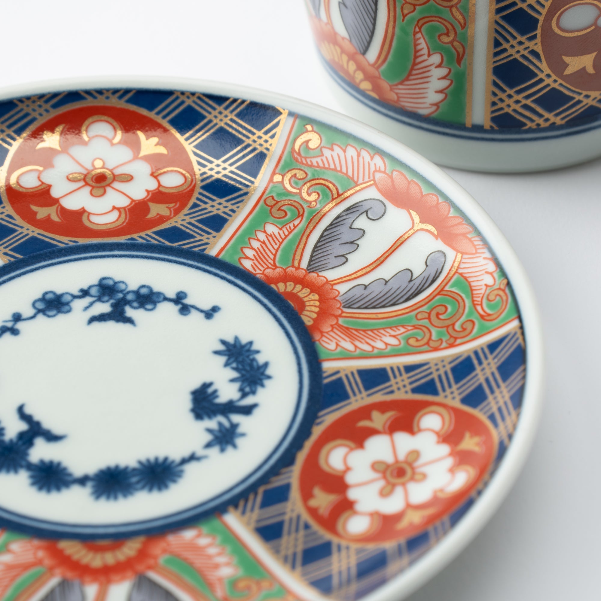 Rinkuro Kiln Old Imari Lapis Lazuli and Flowers Hasami Soba Choko Cup and Saucer - MUSUBI KILN - Quality Japanese Tableware and Gift