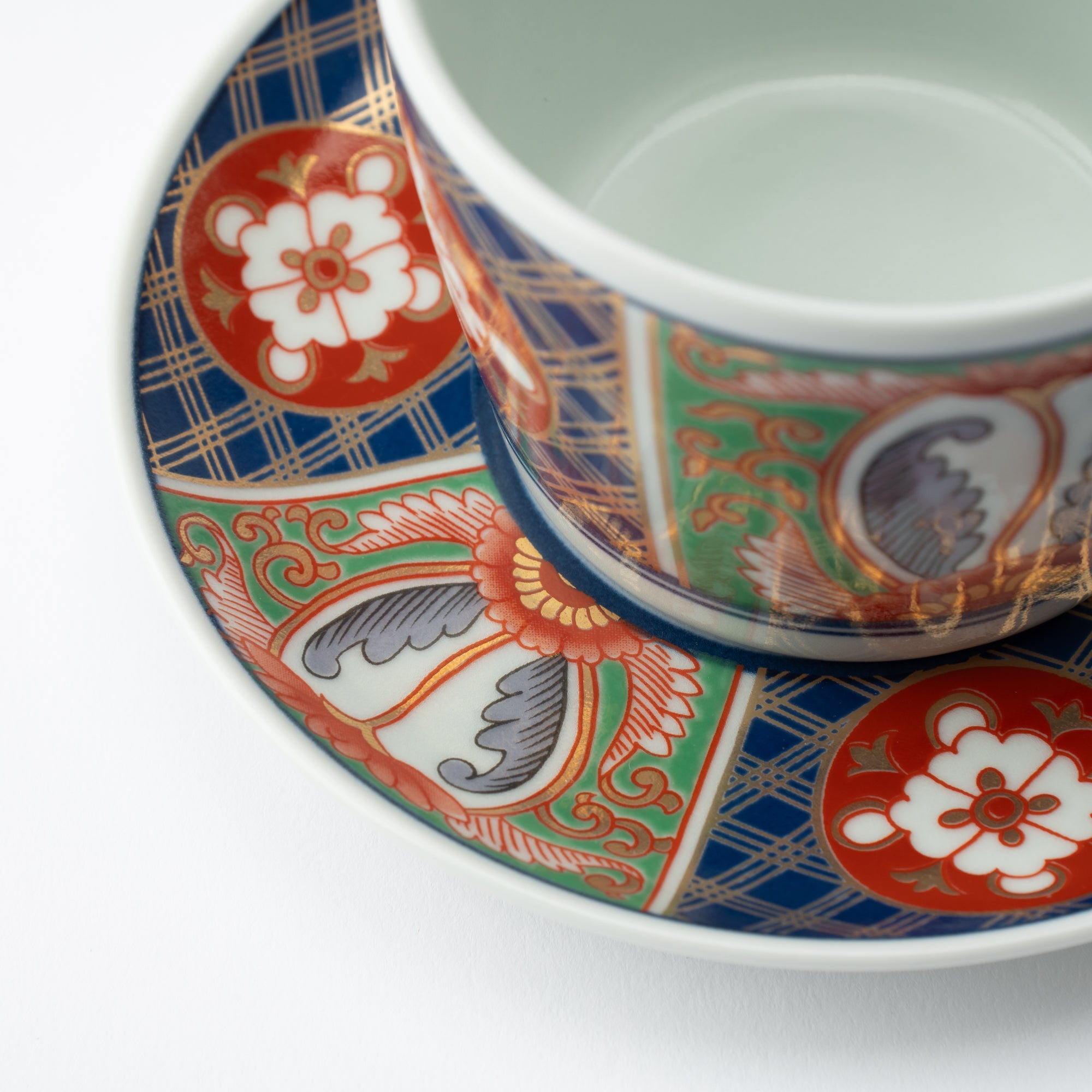 Rinkuro Kiln Old Imari Lapis Lazuli and Flowers Hasami Soba Choko Cup and Saucer - MUSUBI KILN - Quality Japanese Tableware and Gift