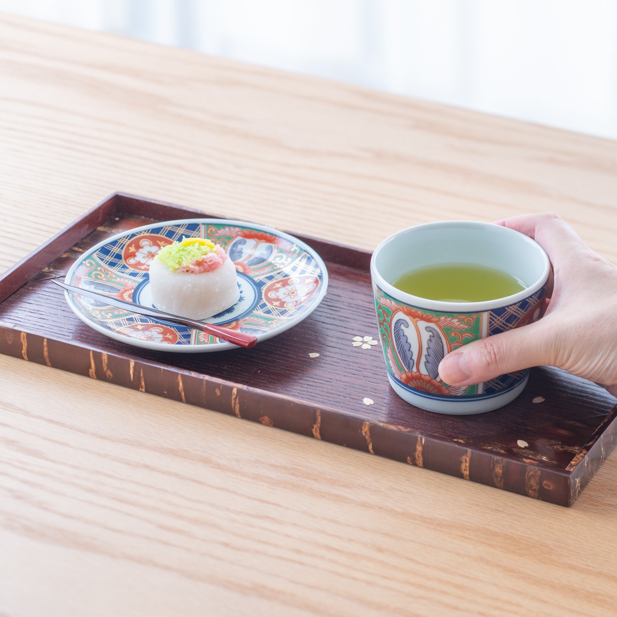 Rinkuro Kiln Old Imari Lapis Lazuli and Flowers Hasami Soba Choko Cup and Saucer - MUSUBI KILN - Quality Japanese Tableware and Gift