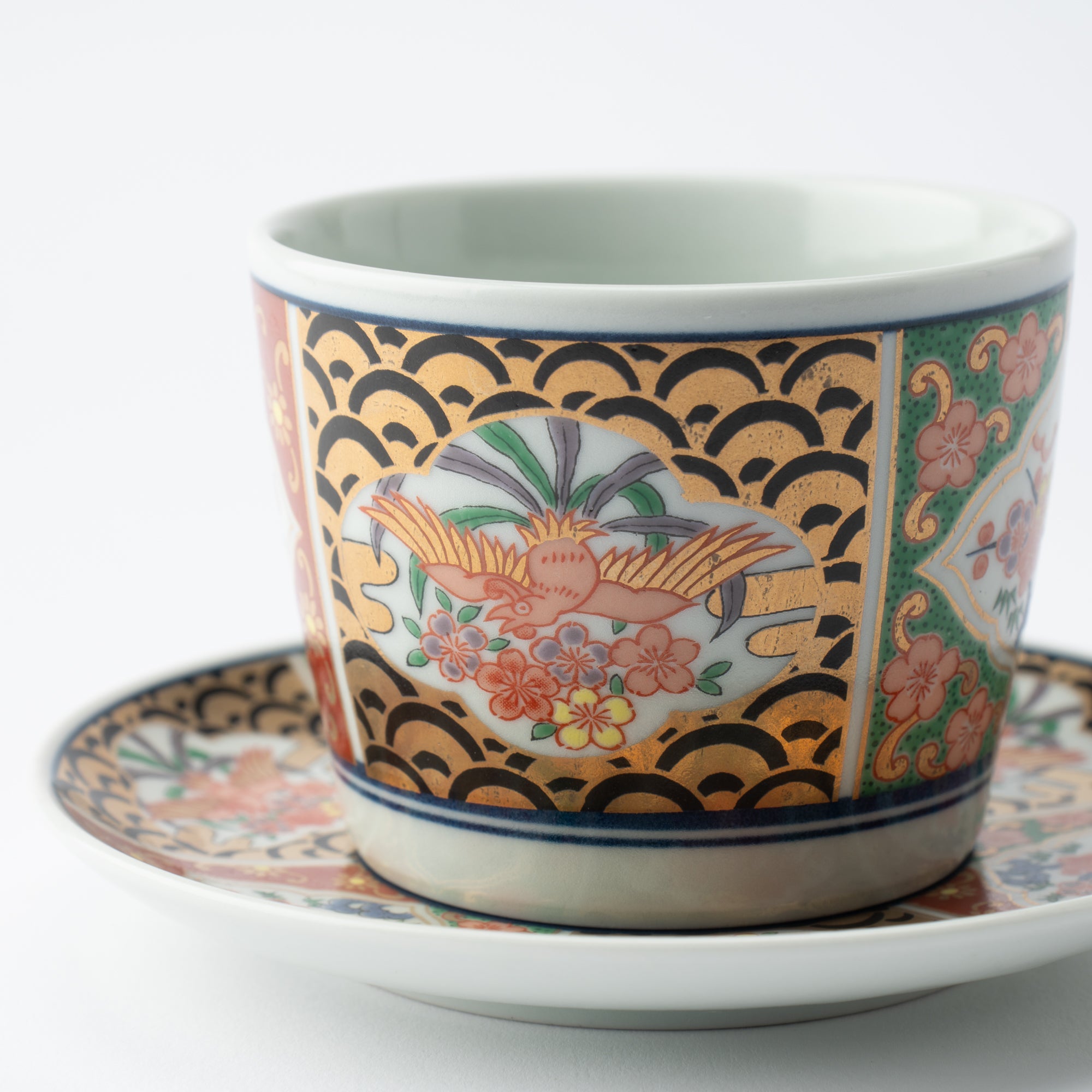 Rinkuro Kiln Old Imari Waves and Phoenix Hasami Soba Choko Cup and Saucer - MUSUBI KILN - Quality Japanese Tableware and Gift