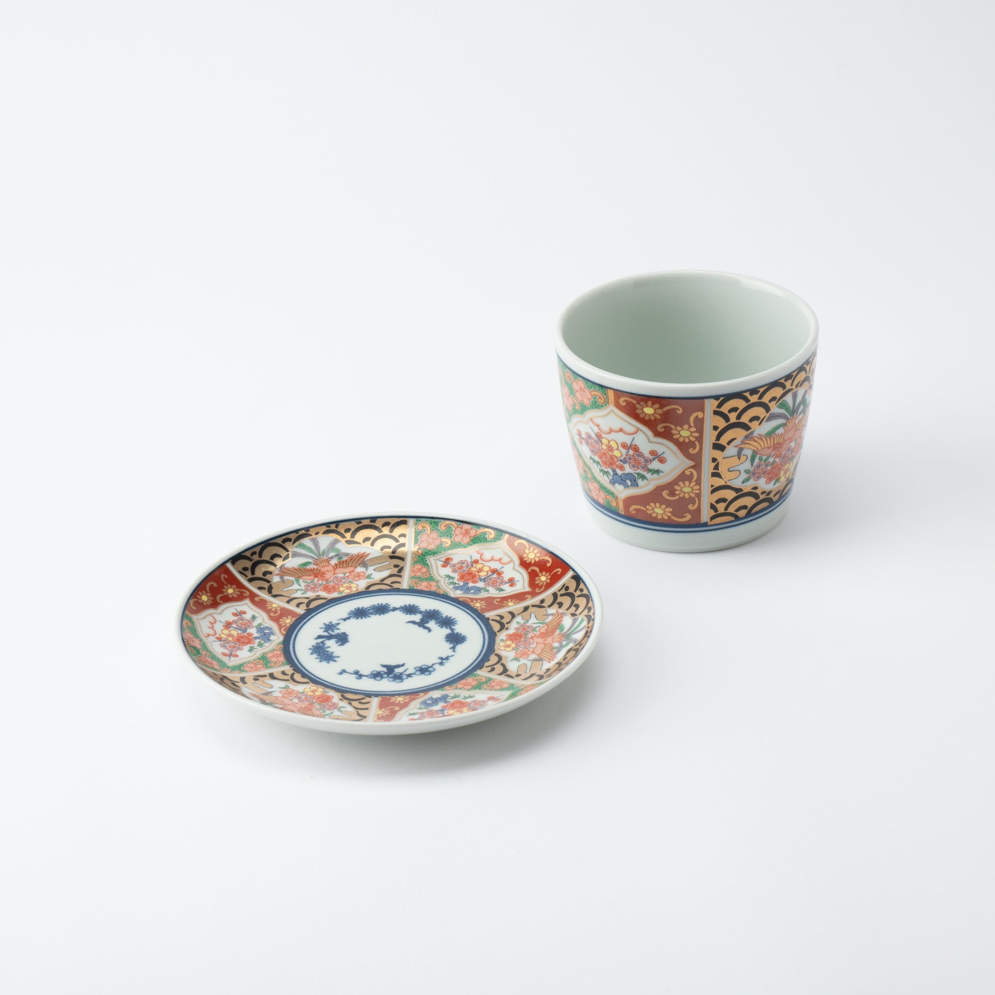 Rinkuro Kiln Old Imari Waves and Phoenix Hasami Soba Choko Cup and Saucer - MUSUBI KILN - Quality Japanese Tableware and Gift