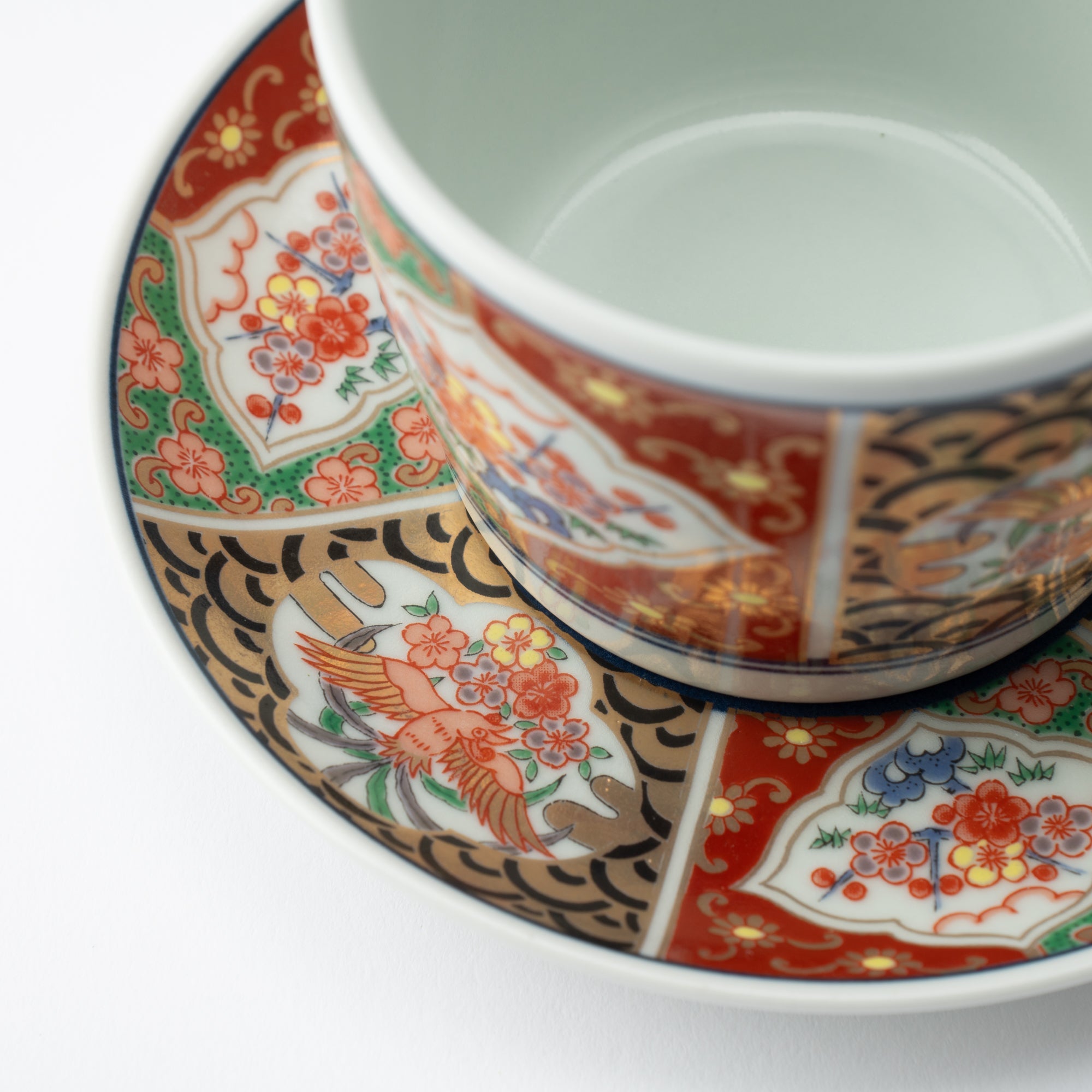 Rinkuro Kiln Old Imari Waves and Phoenix Hasami Soba Choko Cup and Saucer - MUSUBI KILN - Quality Japanese Tableware and Gift