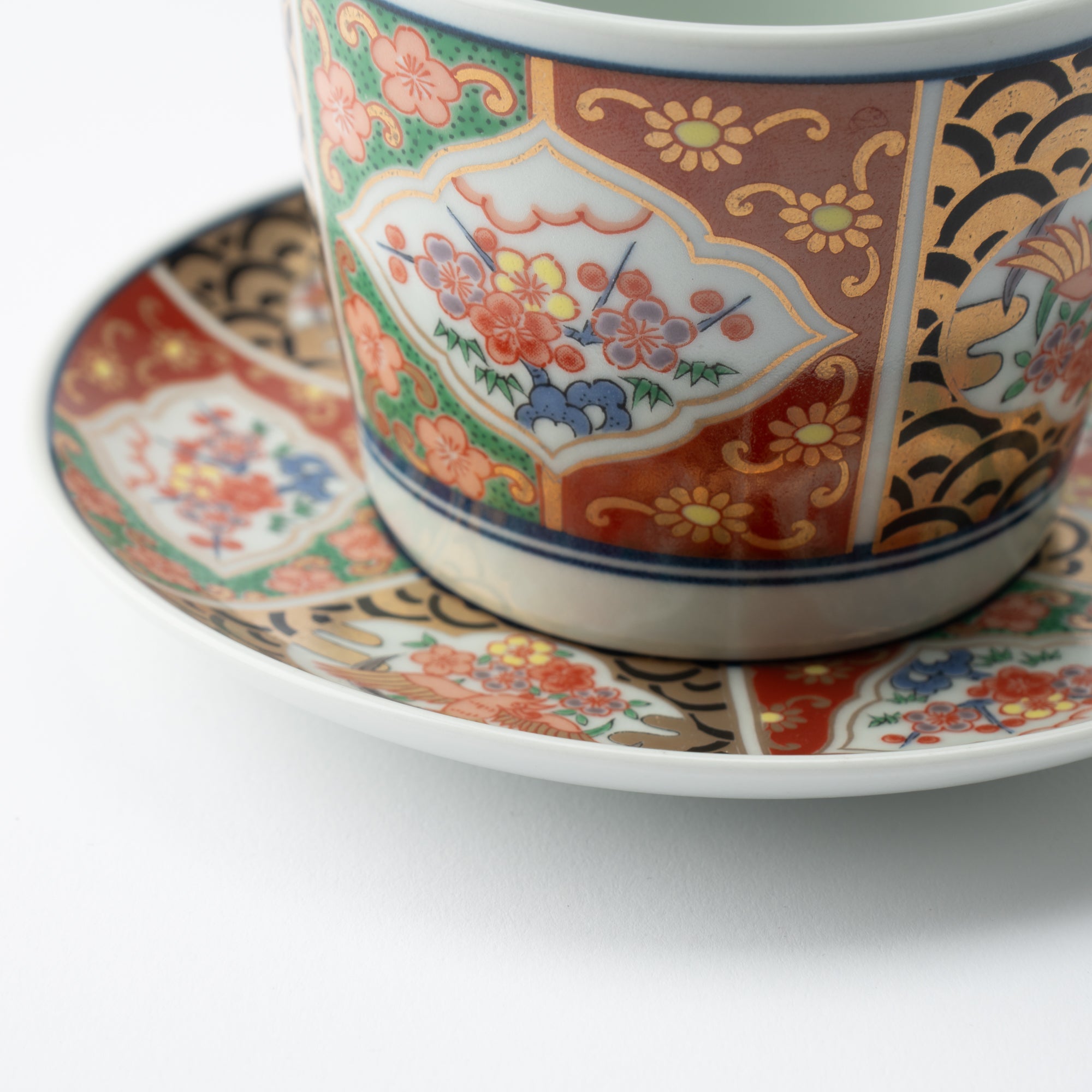 Rinkuro Kiln Old Imari Waves and Phoenix Hasami Soba Choko Cup and Saucer - MUSUBI KILN - Quality Japanese Tableware and Gift