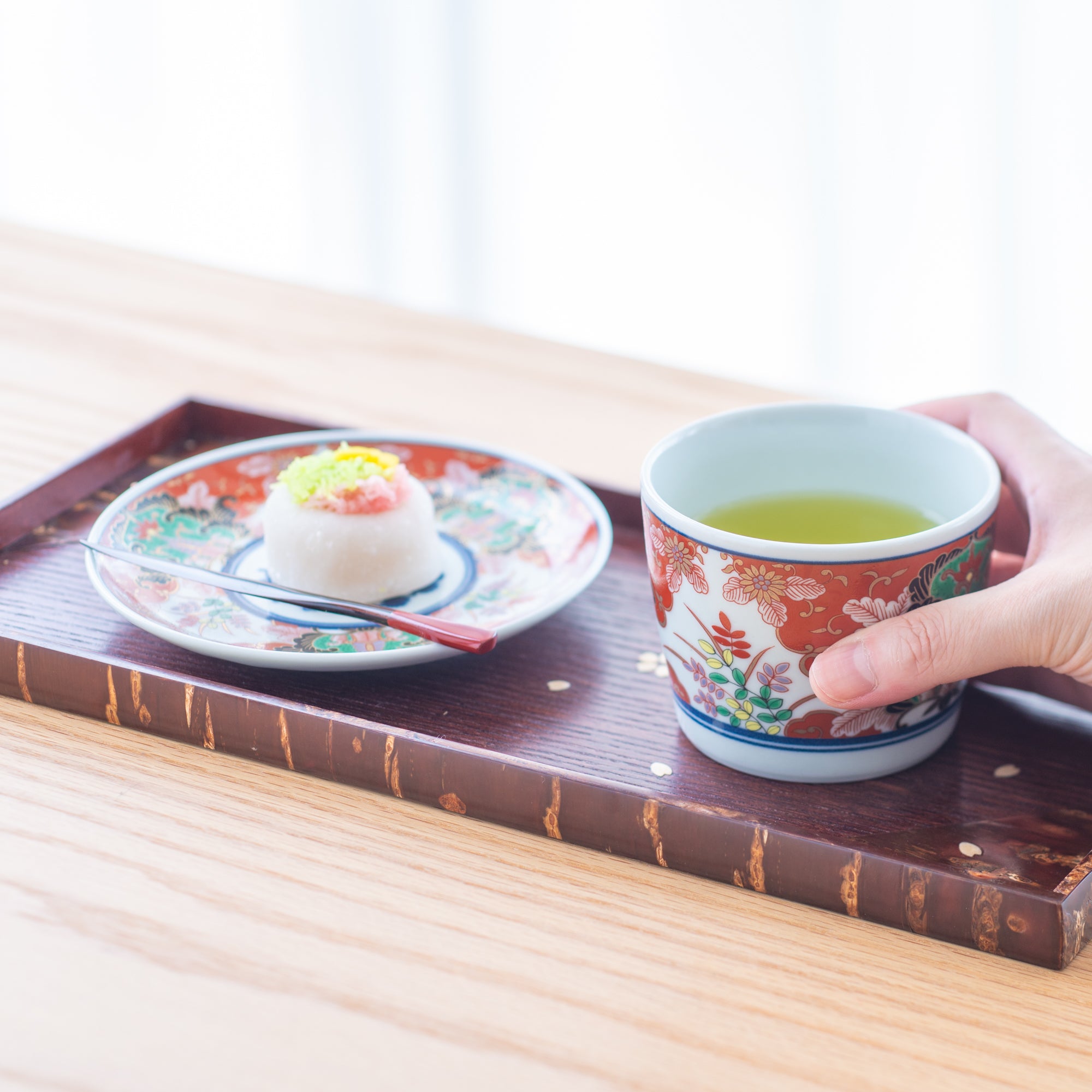 Rinkuro Kiln Old Red Flowers in Window Hasami Soba Choko Cup and Saucer - MUSUBI KILN - Quality Japanese Tableware and Gift