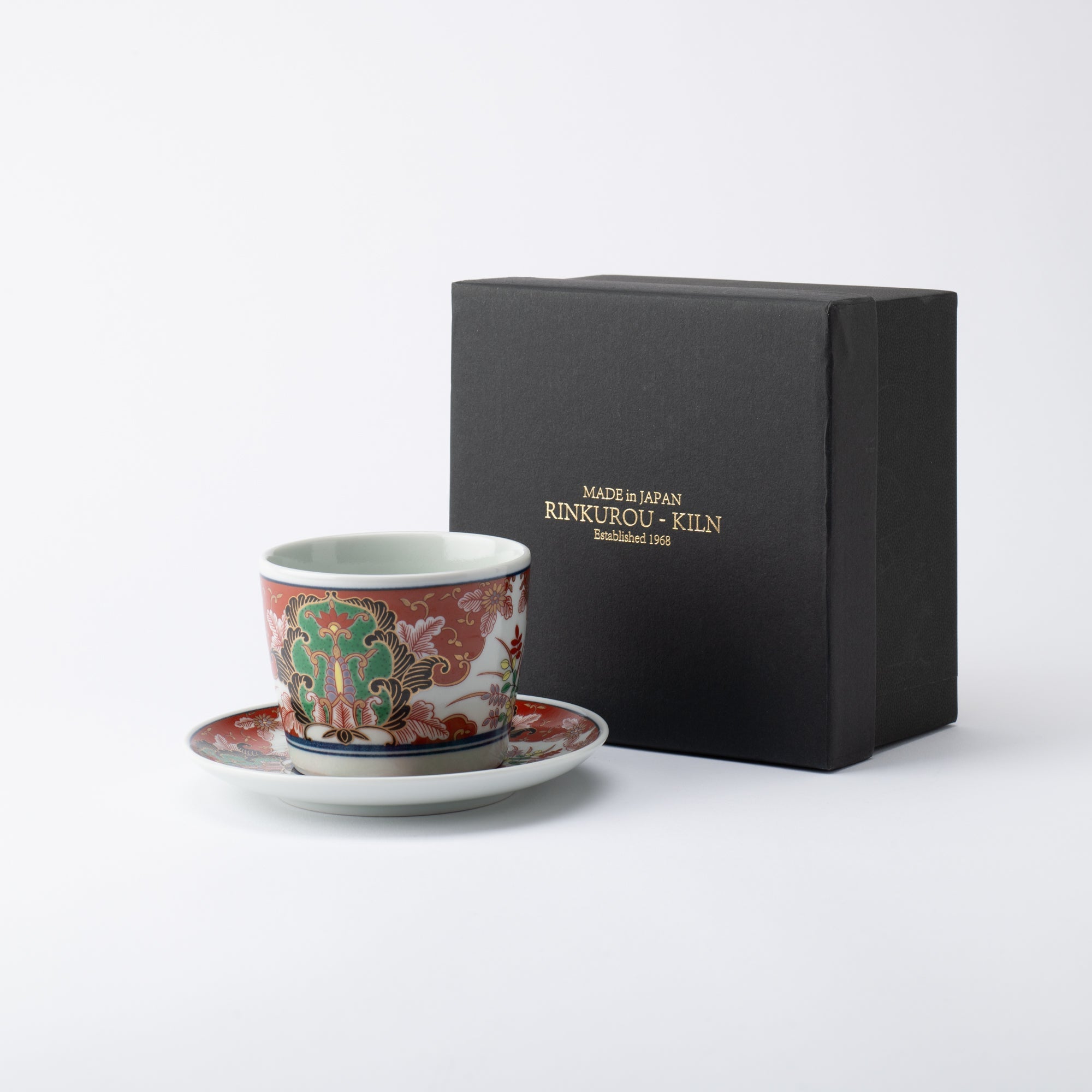 Rinkuro Kiln Old Red Flowers in Window Hasami Soba Choko Cup and Saucer - MUSUBI KILN - Quality Japanese Tableware and Gift