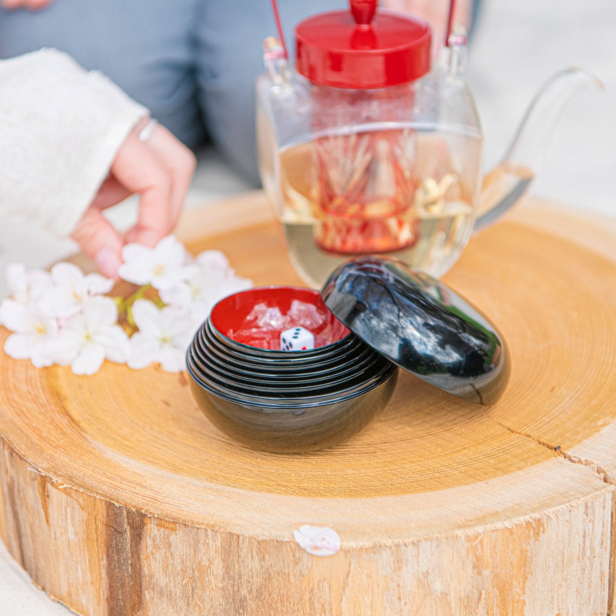 Sakura Maki - e Echizen Lacquerware Stacked Sake Cup Set With Dice - MUSUBI KILN - Quality Japanese Tableware and Gift