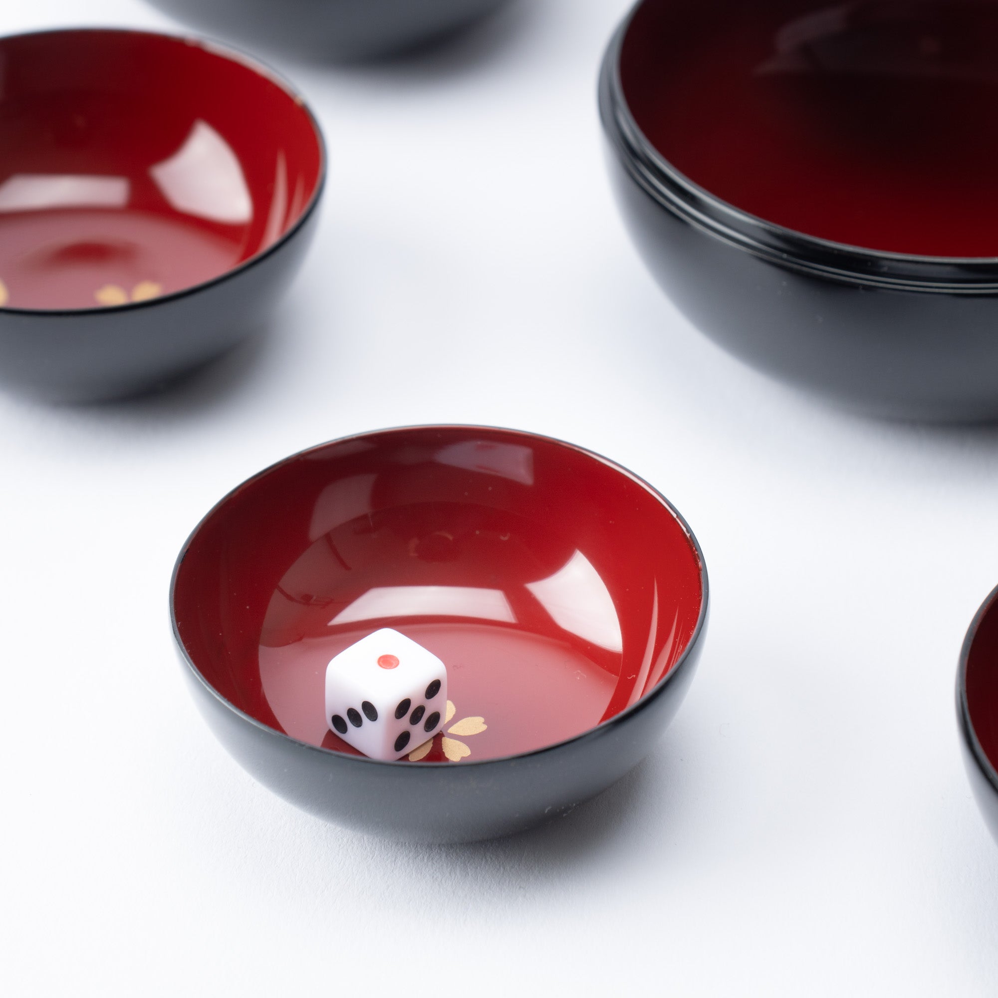 Sakura Maki - e Echizen Lacquerware Stacked Sake Cup Set With Dice - MUSUBI KILN - Quality Japanese Tableware and Gift