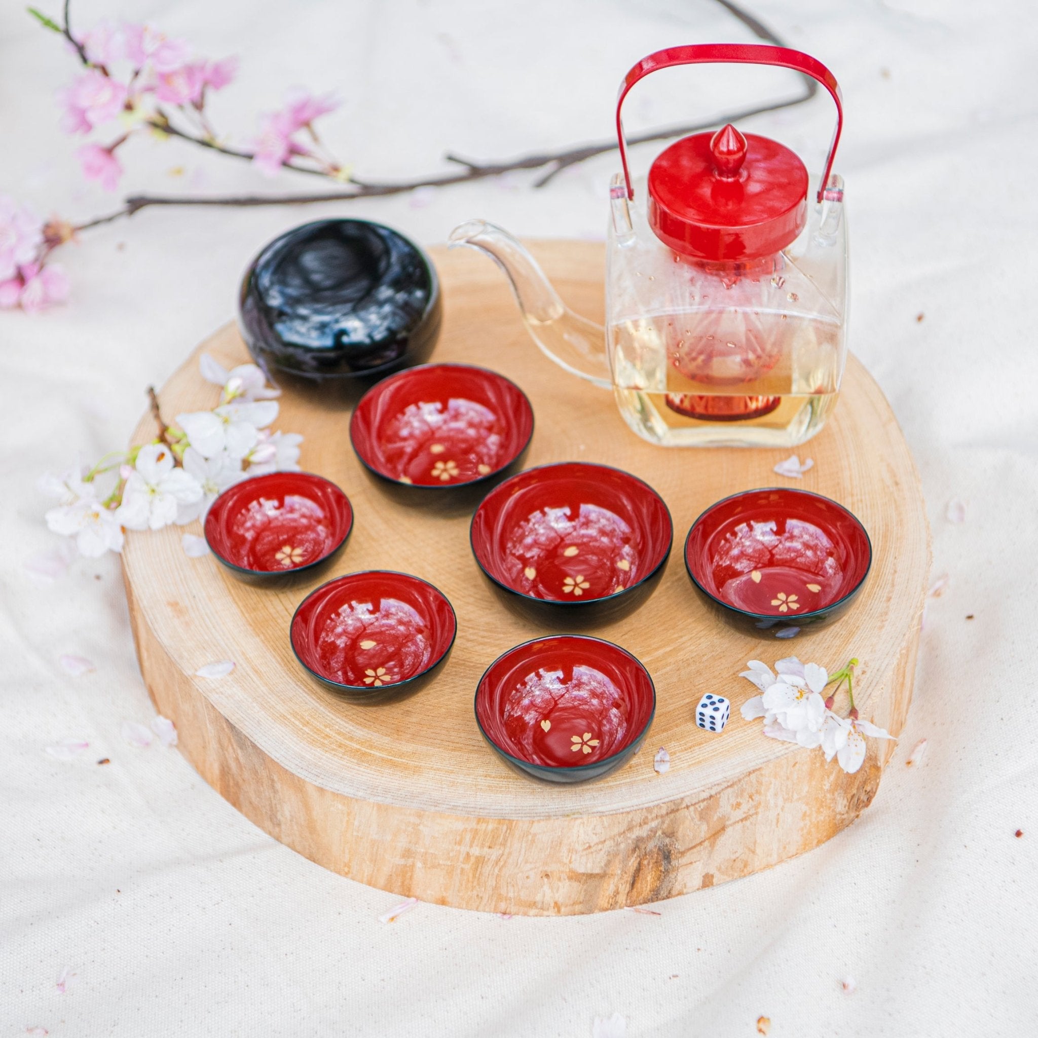 Sakura Maki - e Echizen Lacquerware Stacked Sake Cup Set With Dice - MUSUBI KILN - Quality Japanese Tableware and Gift