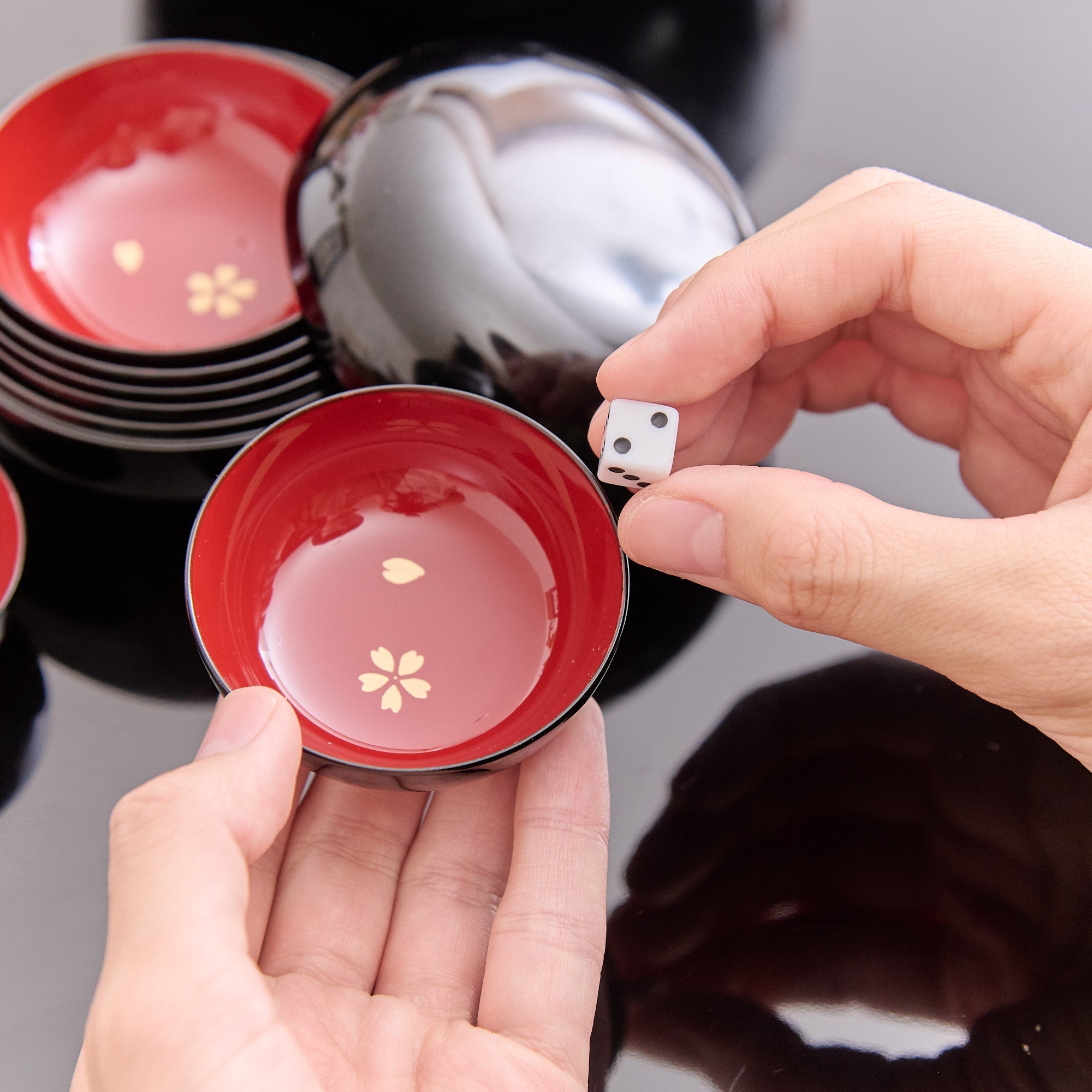 Sakura Maki - e Echizen Lacquerware Stacked Sake Cup Set With Dice - MUSUBI KILN - Quality Japanese Tableware and Gift