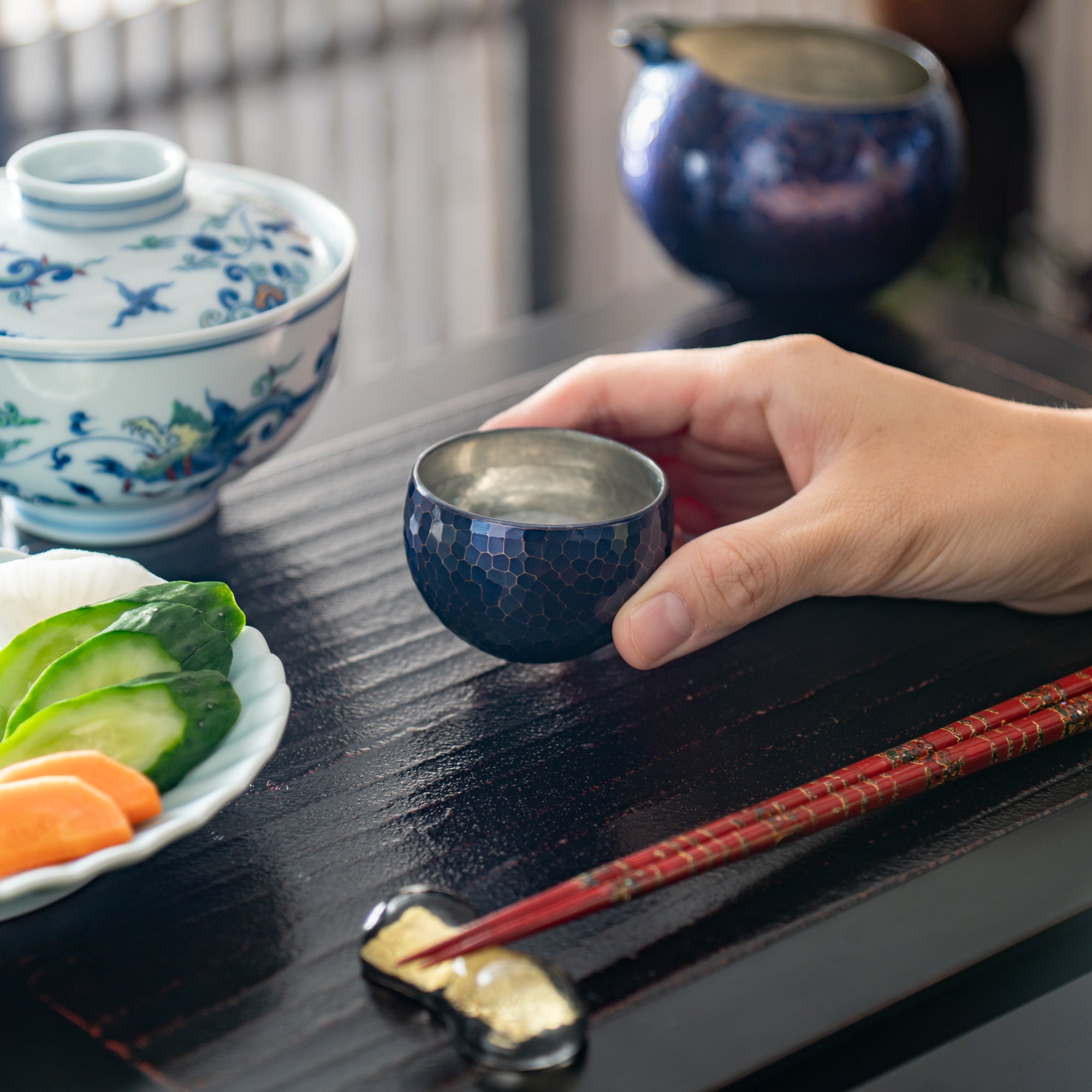 Seigado Indigo Blue Copper Guinomi Sake Cup - MUSUBI KILN - Quality Japanese Tableware and Gift