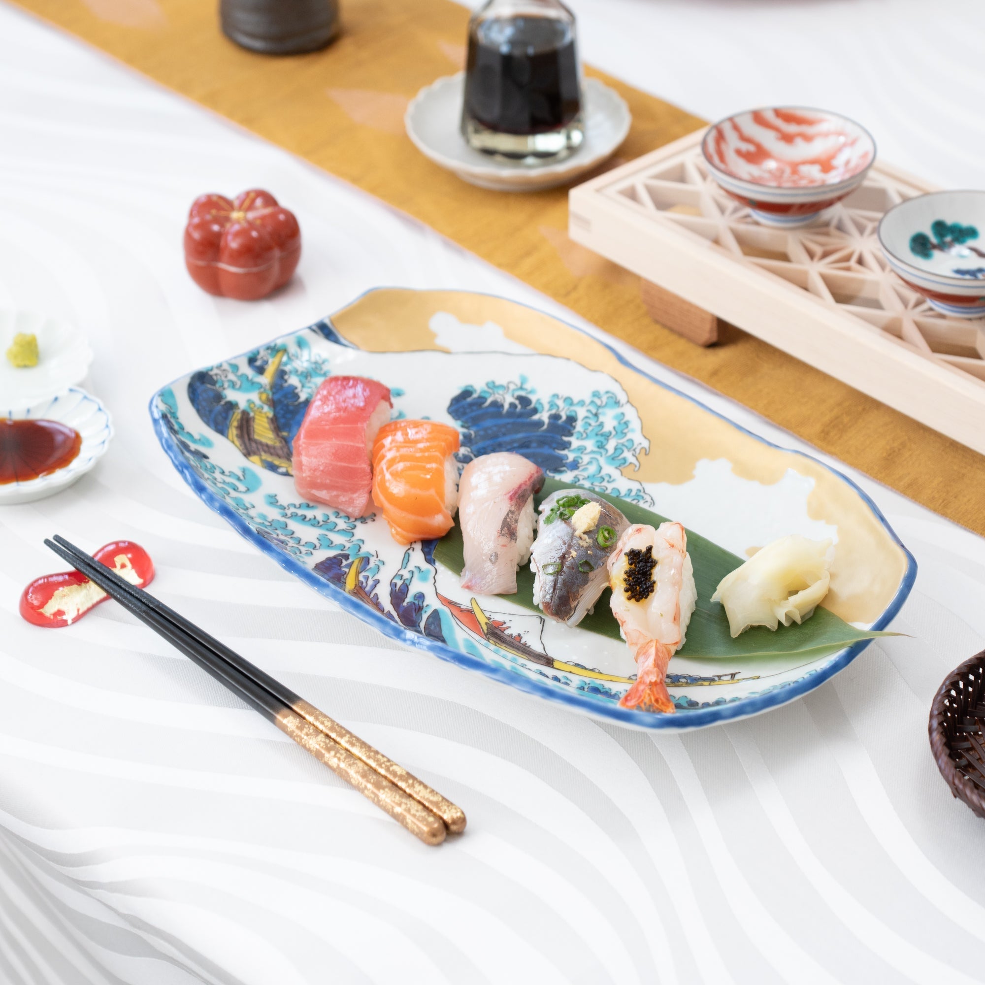 Seikou Kiln Hokusai Wave Kutani Rectangle Plate - MUSUBI KILN - Quality Japanese Tableware and Gift