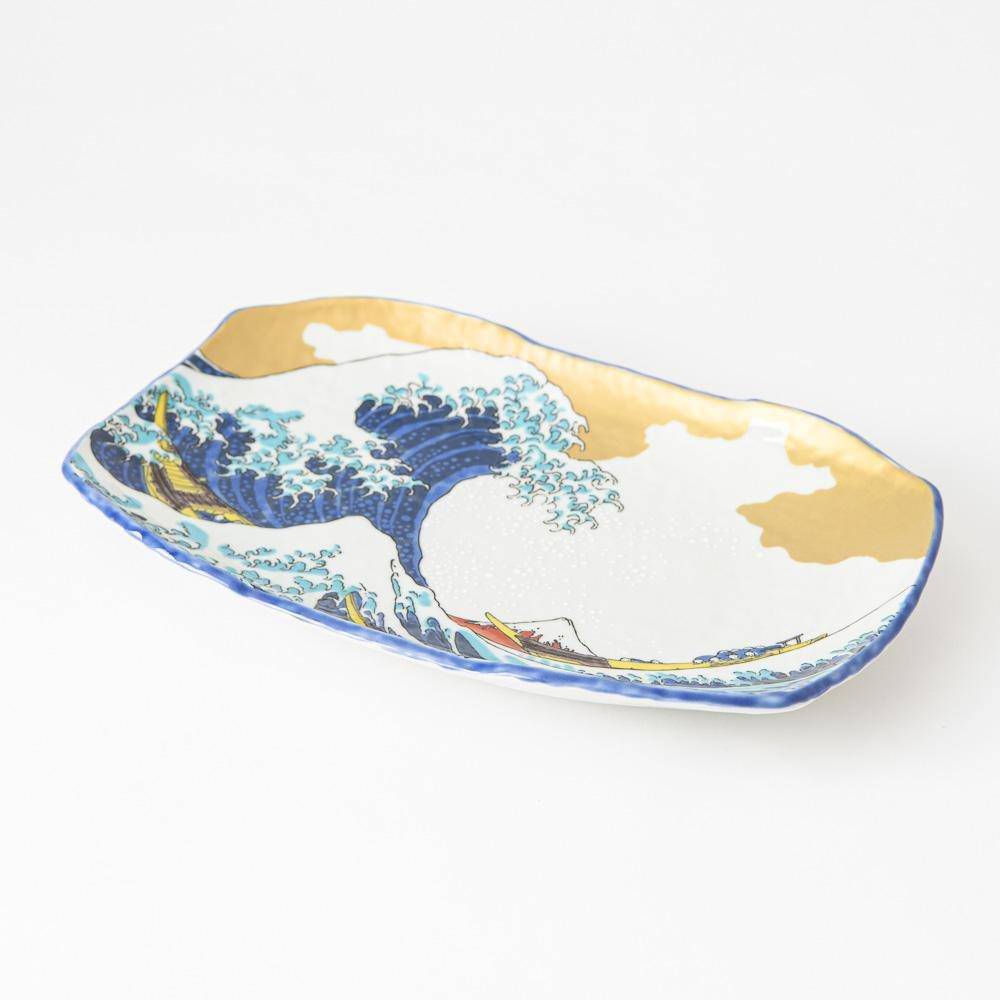 Seikou Kiln Hokusai Wave Kutani Rectangle Plate - MUSUBI KILN - Quality Japanese Tableware and Gift