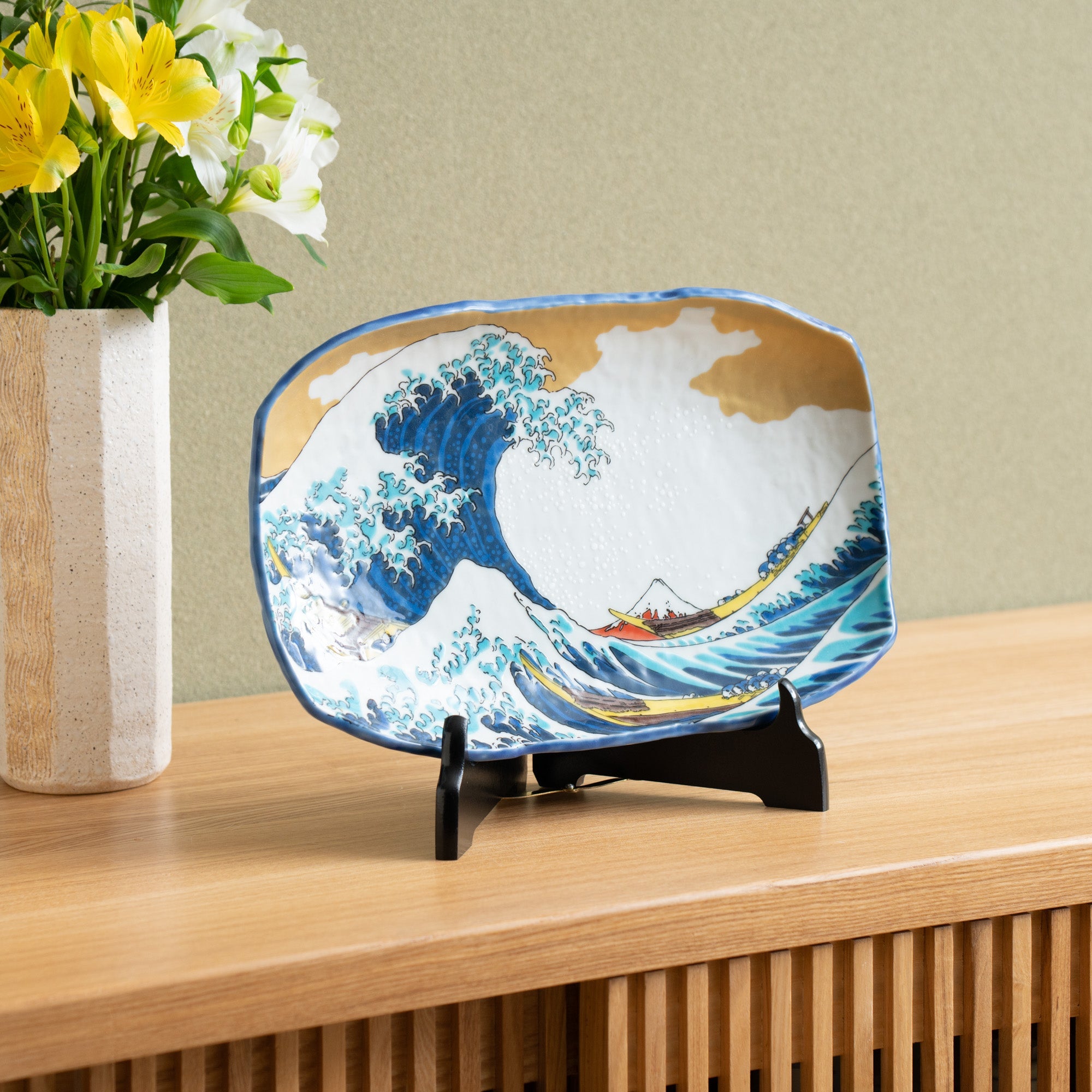 Seikou Kiln Hokusai Wave Kutani Rectangle Plate - MUSUBI KILN - Quality Japanese Tableware and Gift