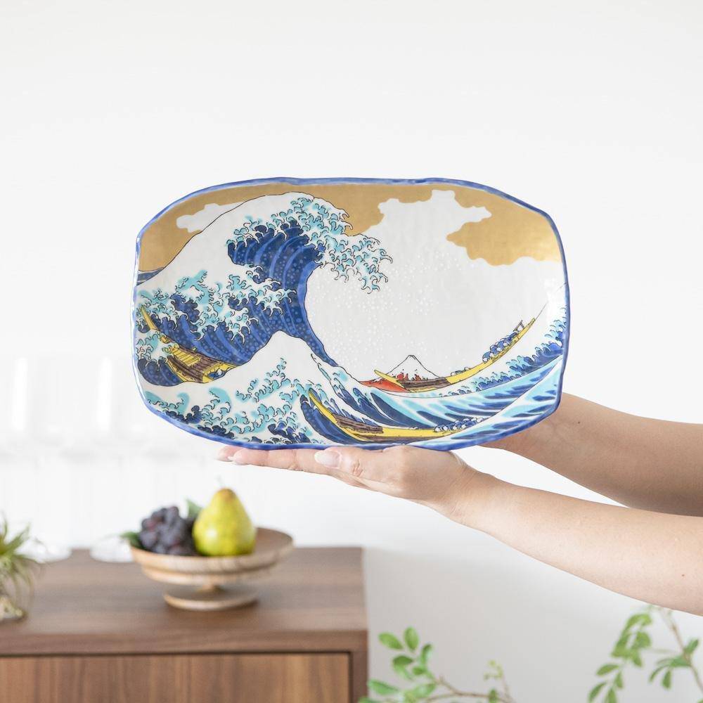 Seikou Kiln Hokusai Wave Kutani Rectangle Plate - MUSUBI KILN - Quality Japanese Tableware and Gift