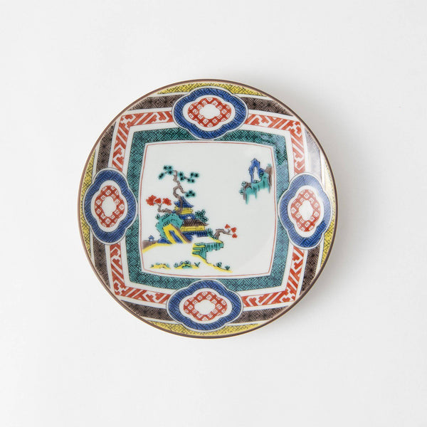 Seikou Kiln Landscape with Flowering Quince Kutani Round Plate - MUSUBI KILN - Quality Japanese Tableware and Gift