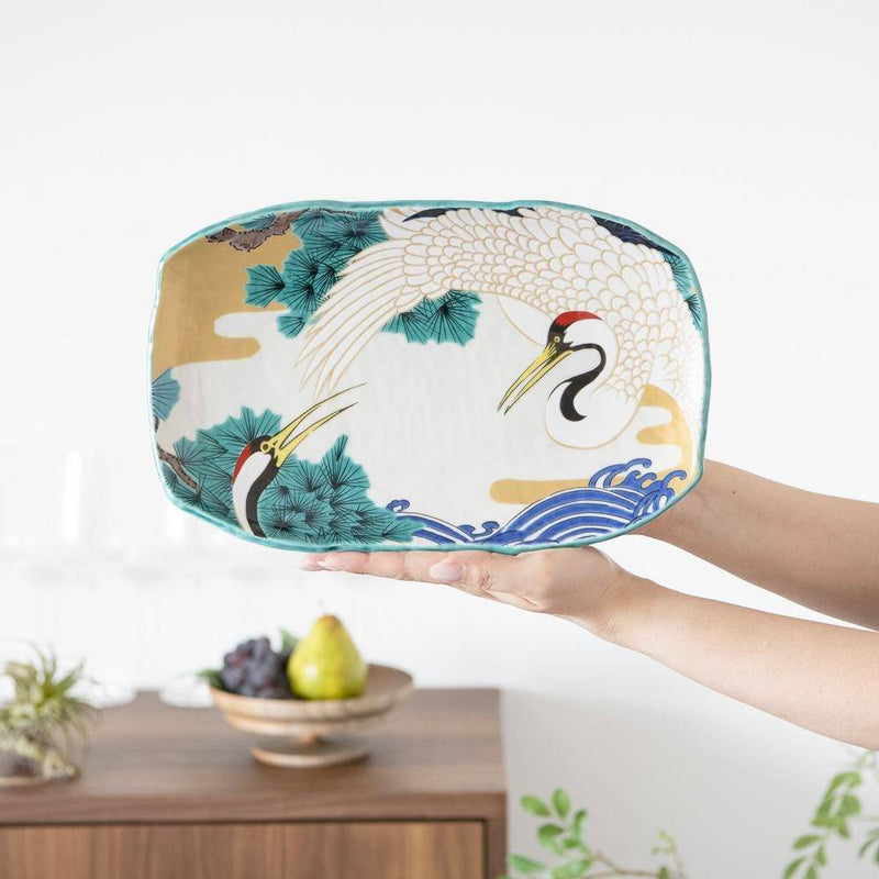 Seikou Kiln White Crane Kutani Rectangle Plate - MUSUBI KILN - Quality Japanese Tableware and Gift