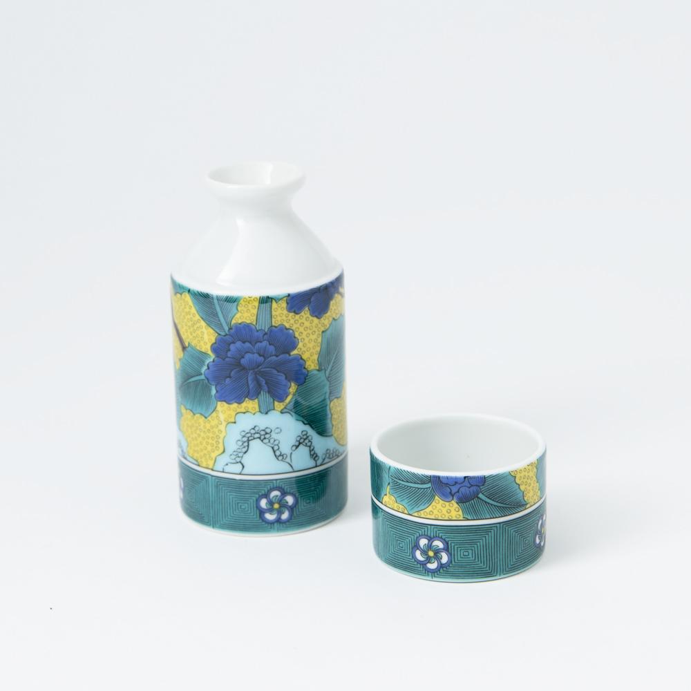 Seikou Kiln Yoshidaya Blue Peony Kutani Sake Set - MUSUBI KILN - Quality Japanese Tableware and Gift