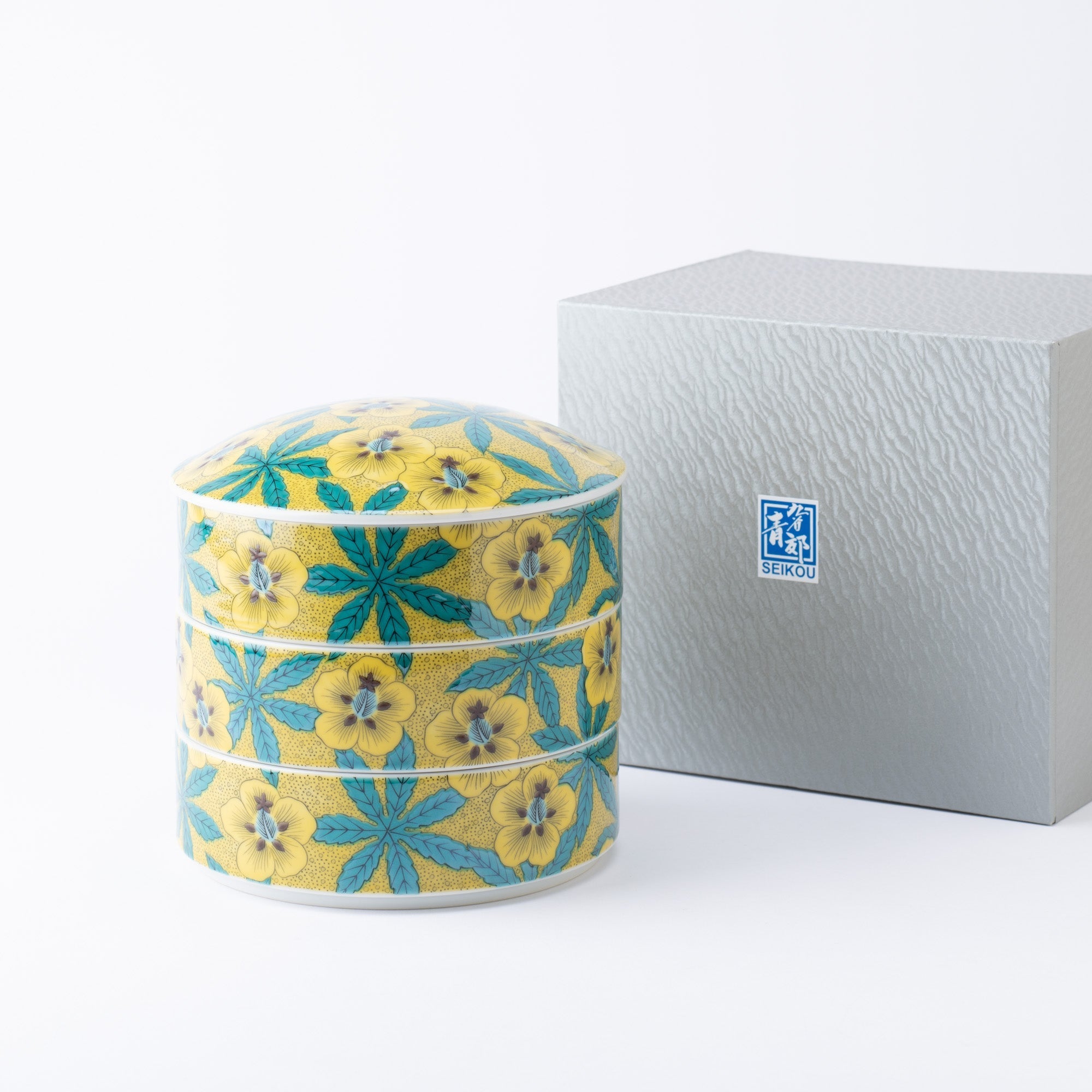 Seikou Kiln Yoshidaya Hibiscus Kutani Three Tiers Jubako Bento Box - MUSUBI KILN - Quality Japanese Tableware and Gift