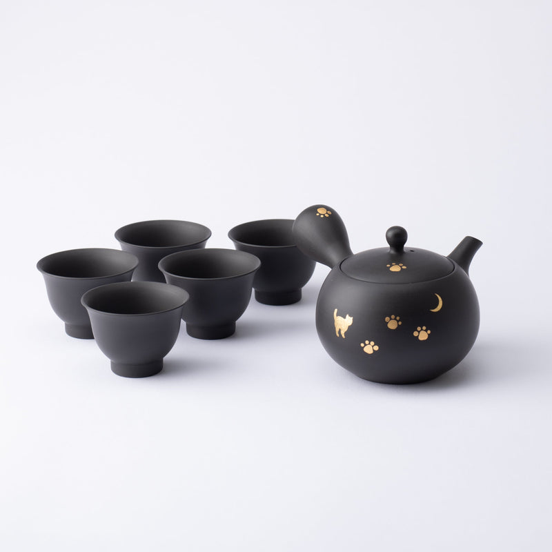 Shoho Moon And Cat Stroll Tokoname Japanese Teapot Set 6.8oz(200ml) - Sasame and Ceramesh - MUSUBI KILN - Quality Japanese Tableware and Gift