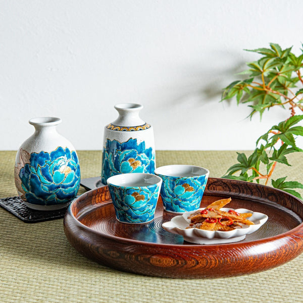 Souraku - An Blue Peony Cylindrical Sake Set - MUSUBI KILN - Quality Japanese Tableware and Gift