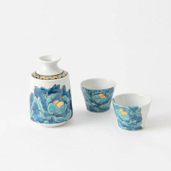 Souraku - An Blue Peony Cylindrical Sake Set - MUSUBI KILN - Quality Japanese Tableware and Gift